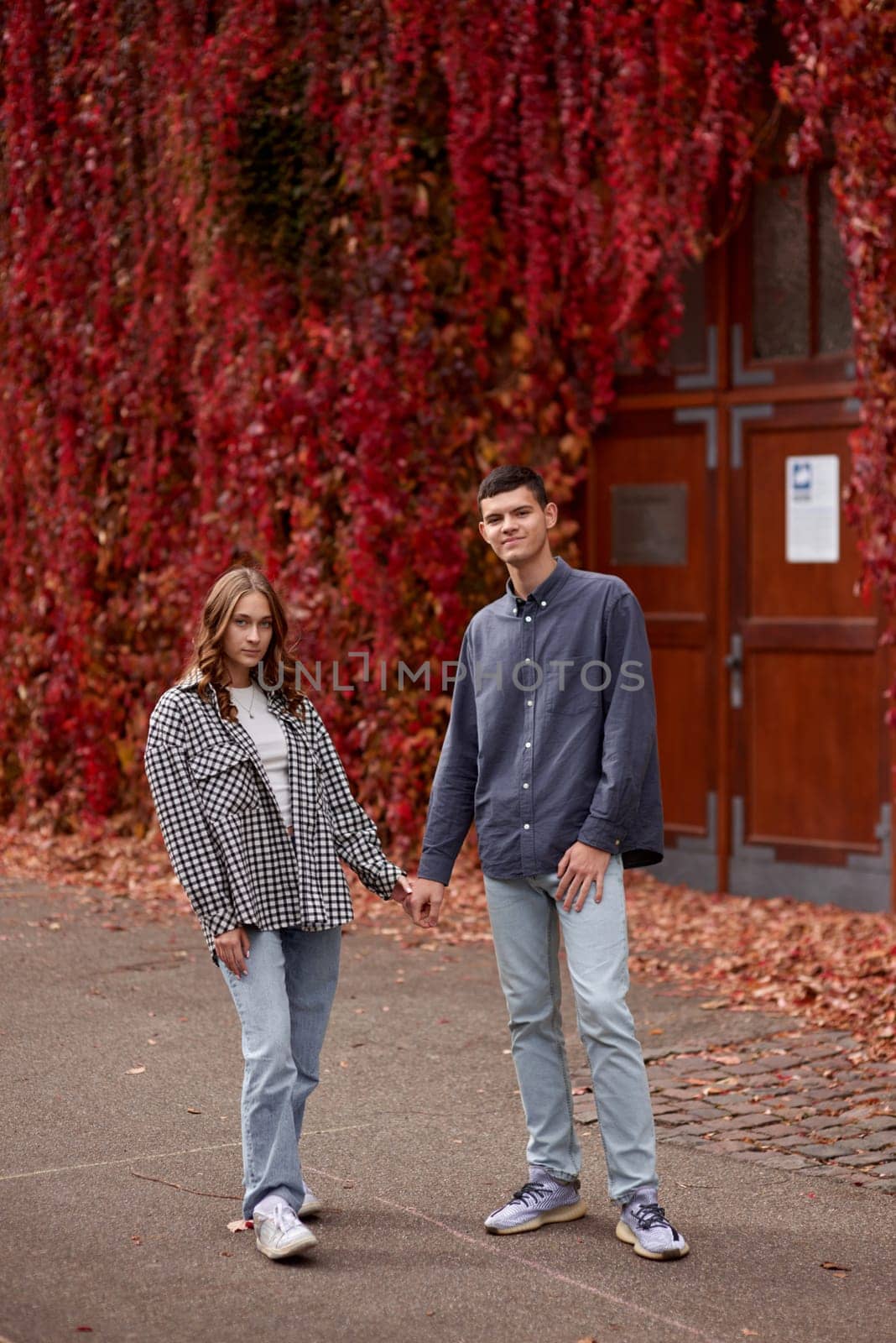 Warm Embrace of Teen Love in the Autumn Park. Capturing Teen Moments: Love Blossoms in Autumn's Embrace. Teenagers in Love: Embracing the Autumn Vibe by Andrii_Ko