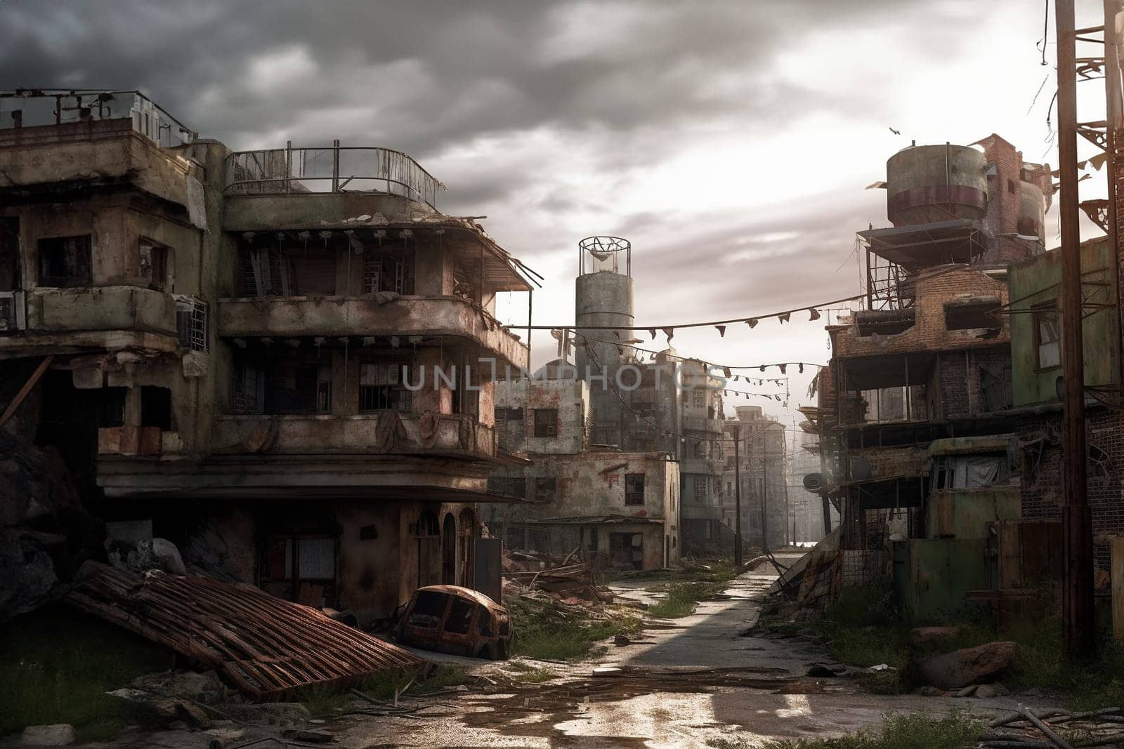 Destroyed abandoned city, future world without people, post-apocalypse, effects of global warming and climate change concept. Generative AI
