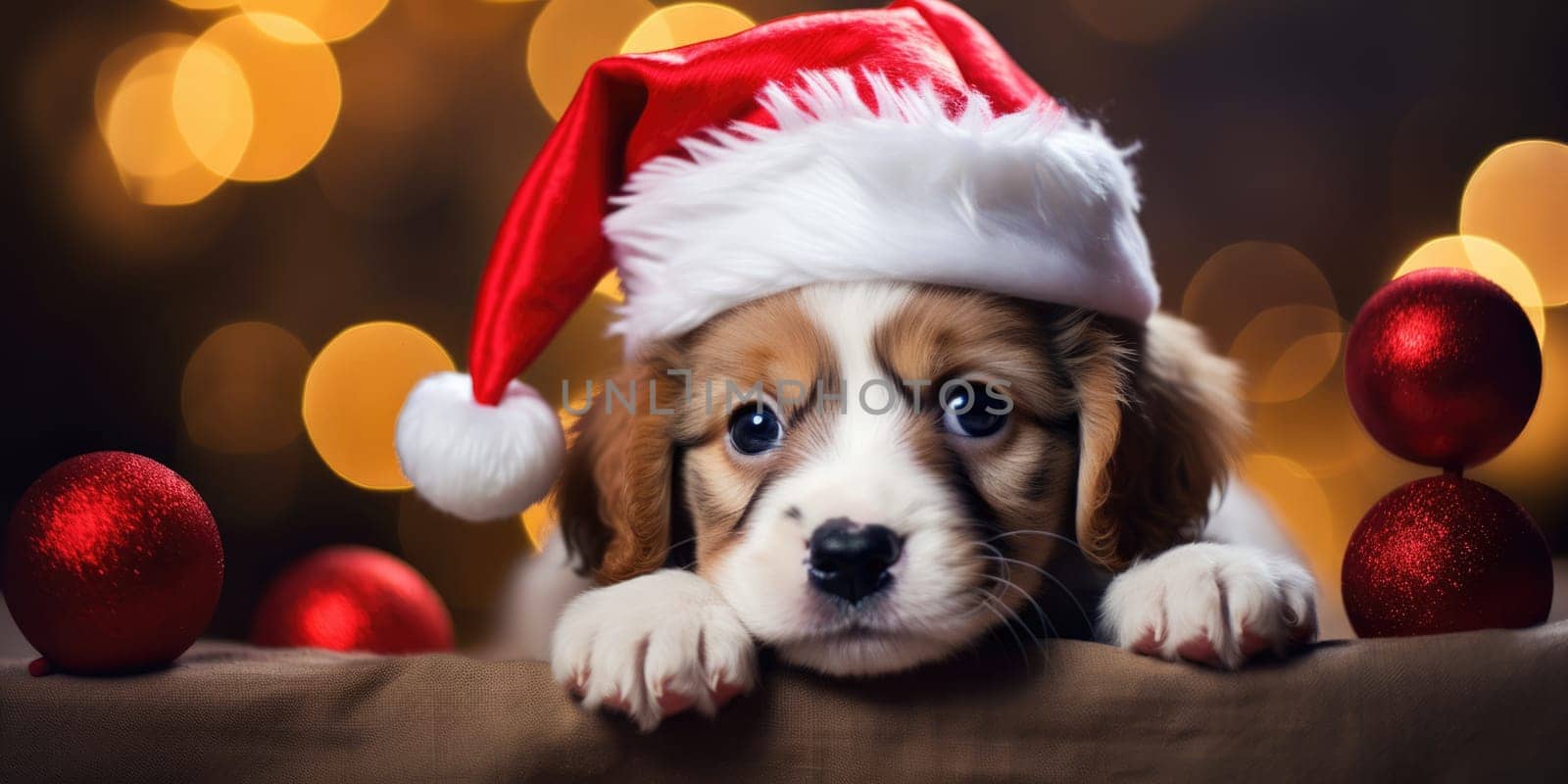 Adorable dog wearing Santa hats at room decorated for Christmas comeliness