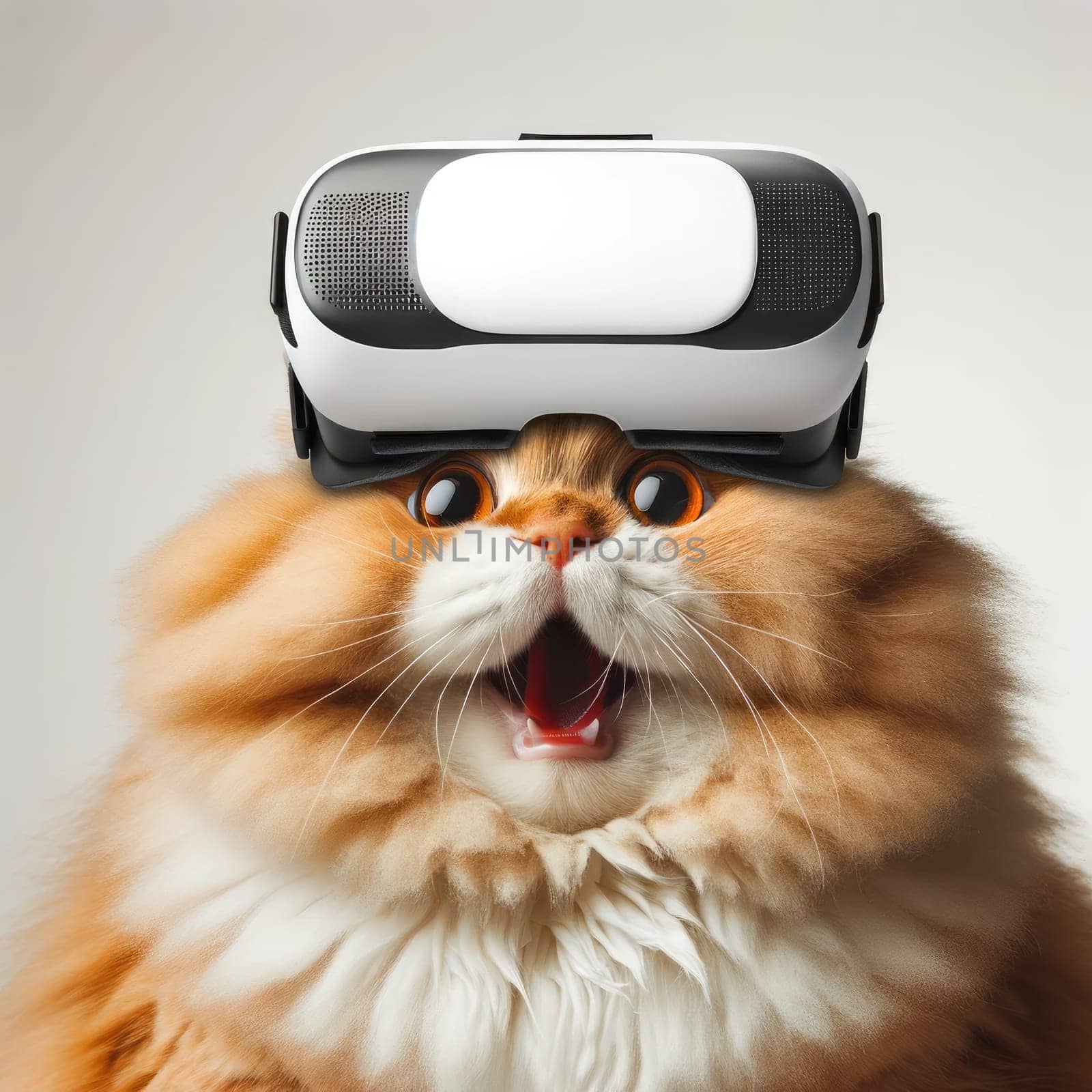 Cat wearing VR headset, surreal worlds and colorful. background Generative AI by itchaznong