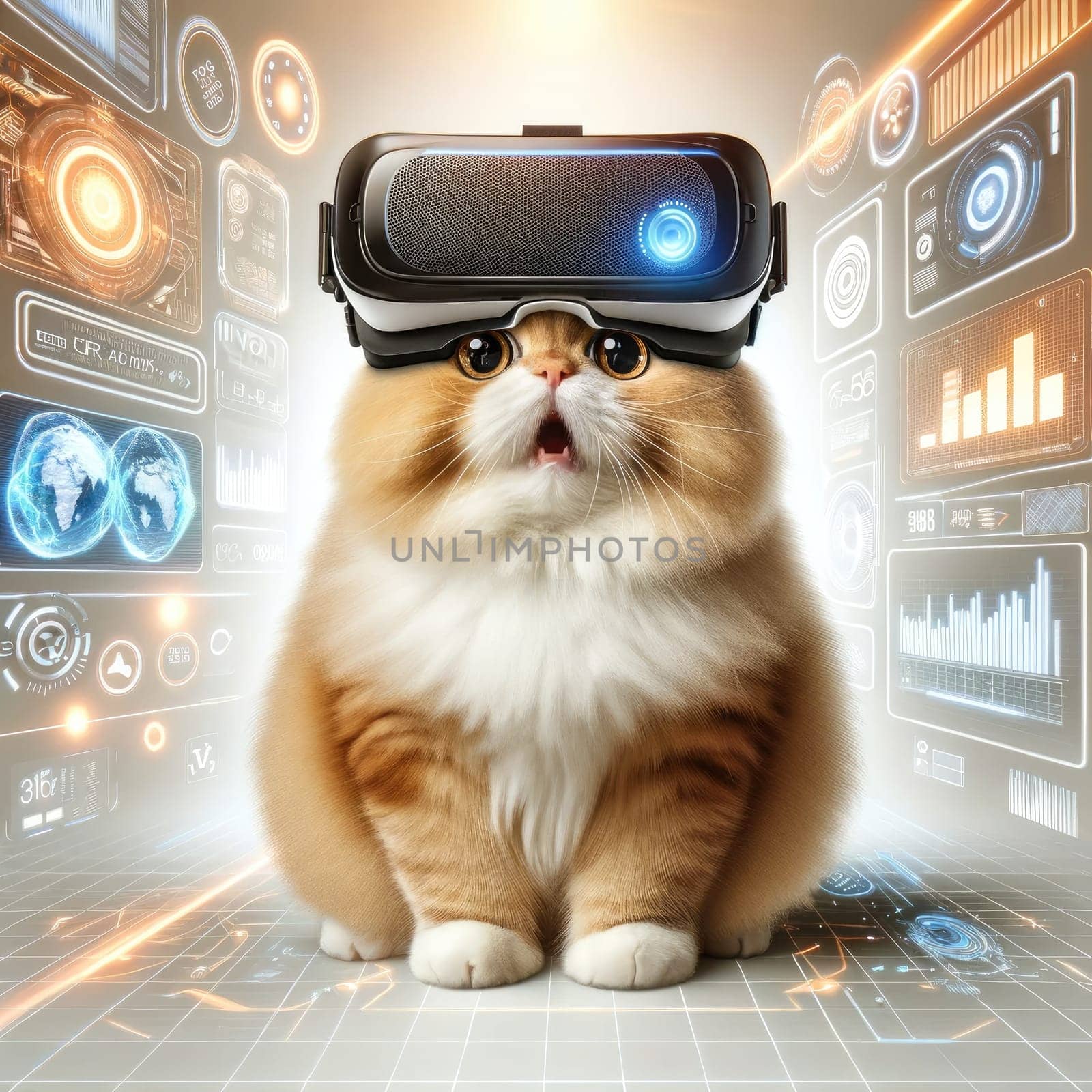 Cat wearing VR headset, surreal worlds and colorful. background Generative AI by itchaznong