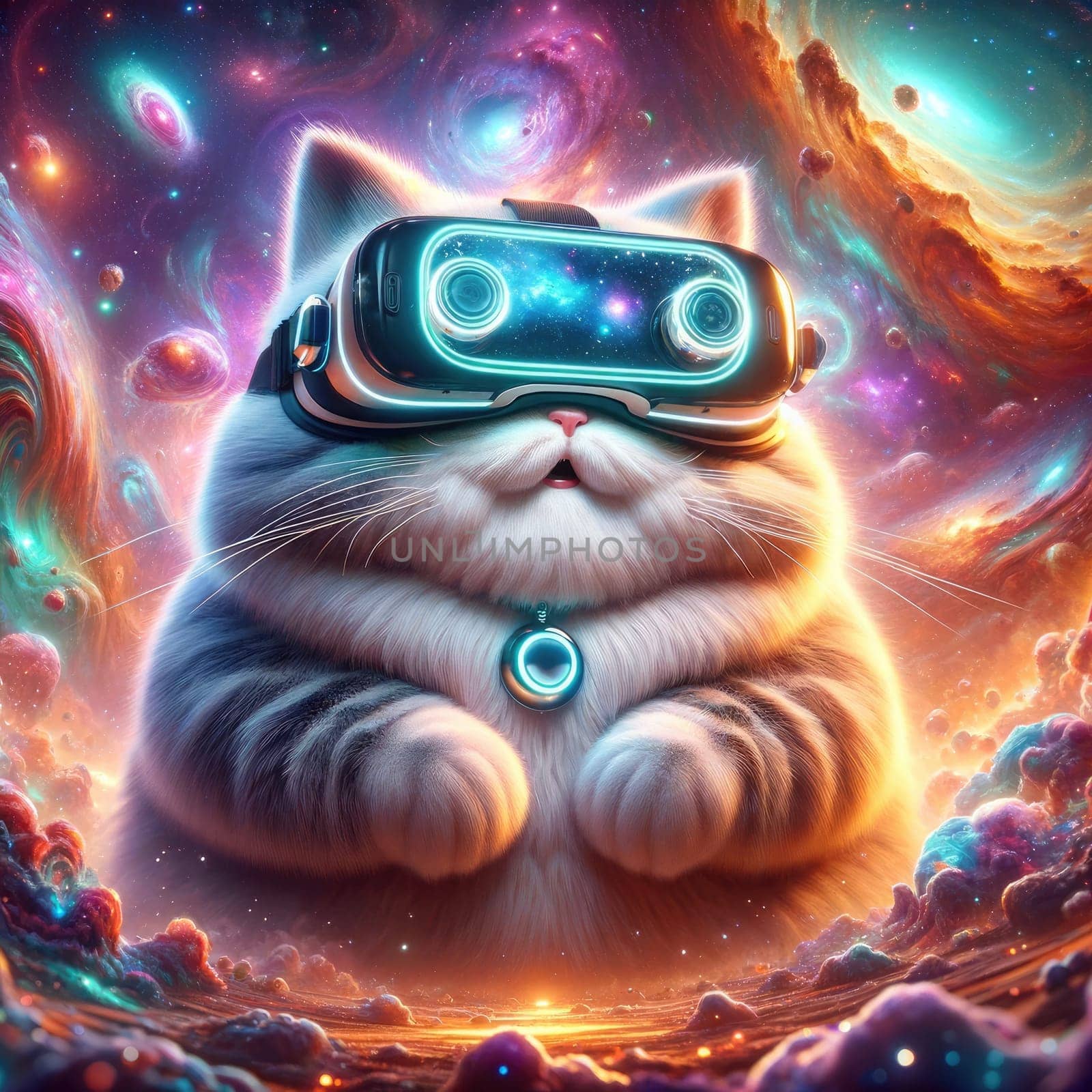 Cat wearing VR headset, surreal worlds and colorful. background Generative AI by itchaznong