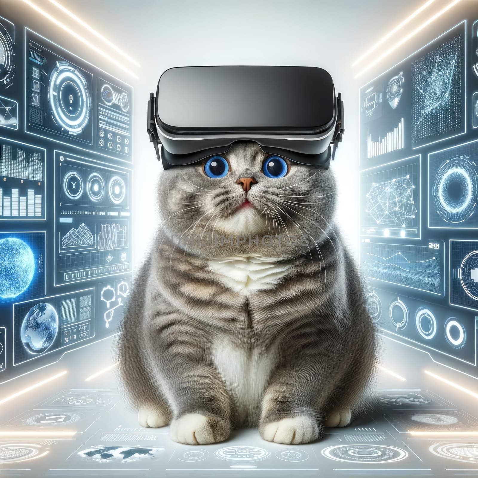 Cat wearing VR headset, surreal worlds and colorful. background Generative AI.