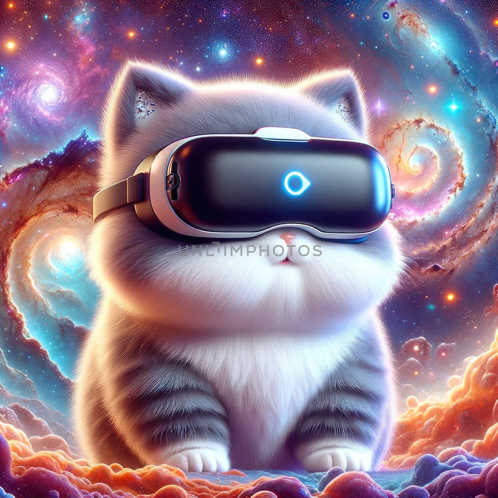 Cat wearing VR headset, surreal worlds and colorful. background Generative AI by itchaznong