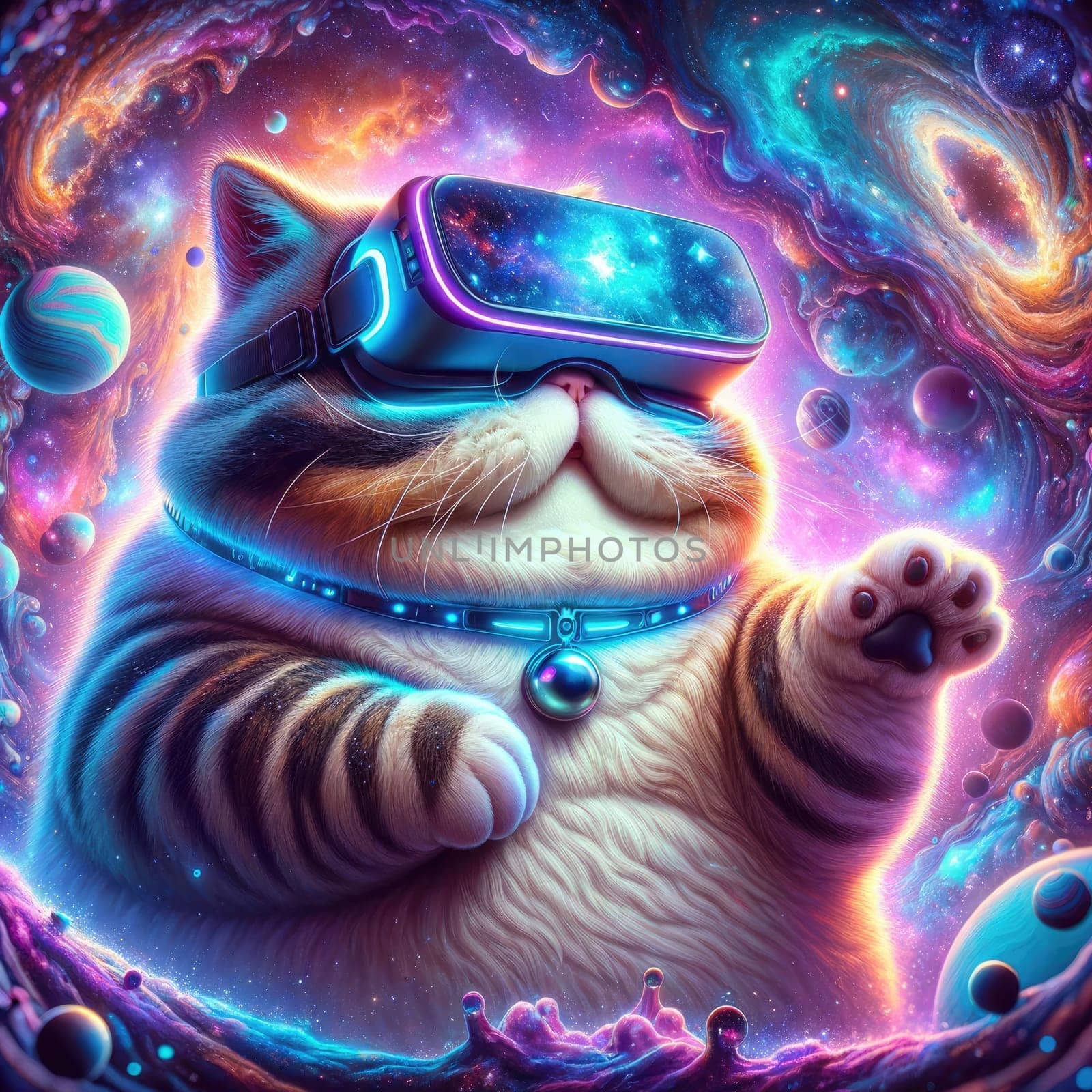 Cat wearing VR headset, surreal worlds and colorful. background Generative AI by itchaznong