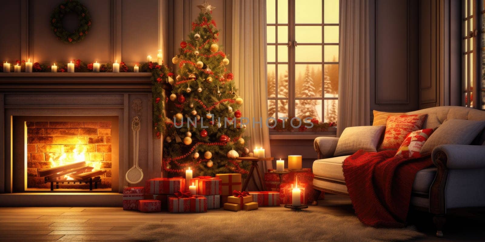 Interior of decorated living room with Christmas tree and sofa comeliness by biancoblue