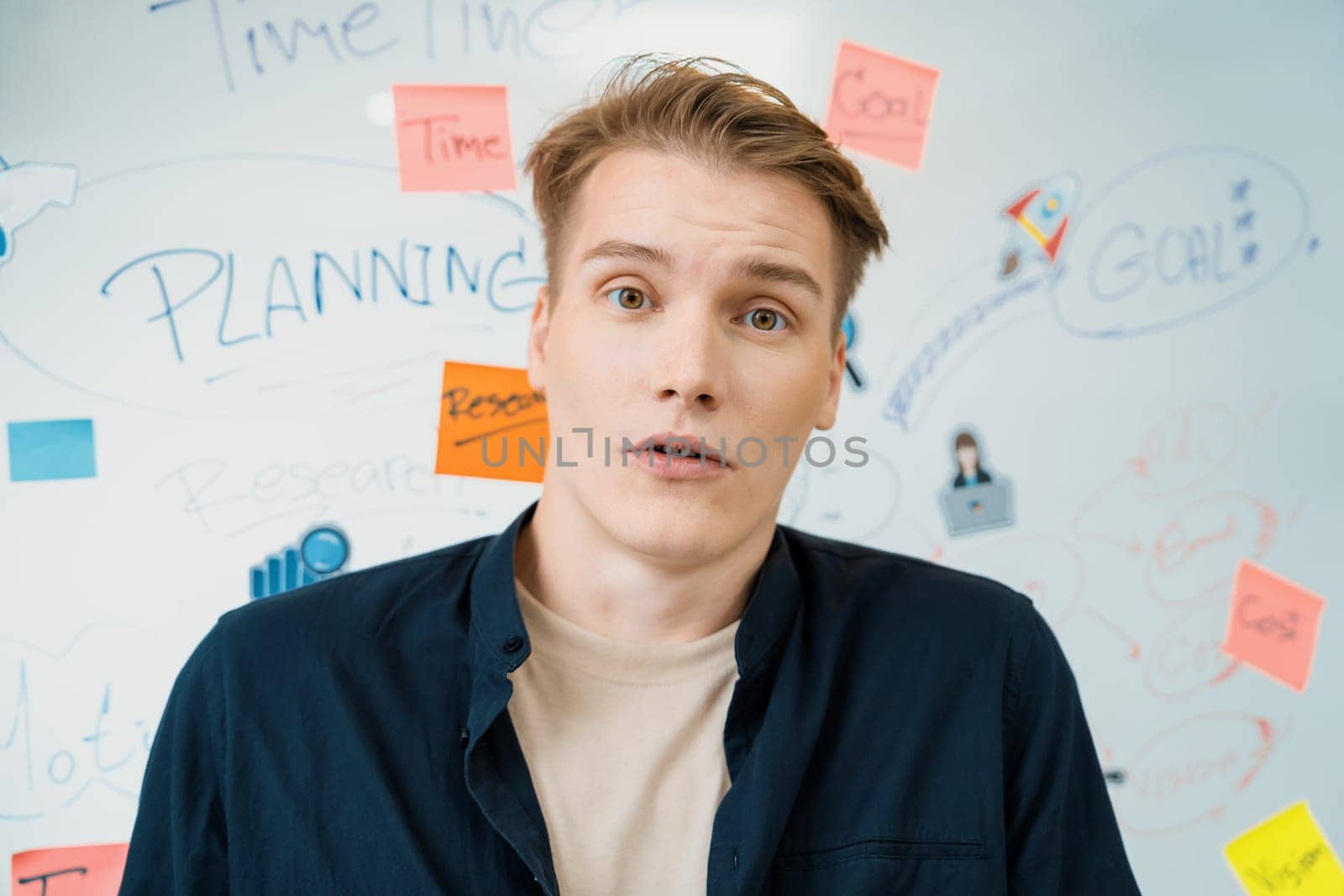 Portrait of young caucasian businessman shocked, surprised facial expression by receive good news. Stunning and amazing facial expression. Creative business meeting with mind map. Immaculate.