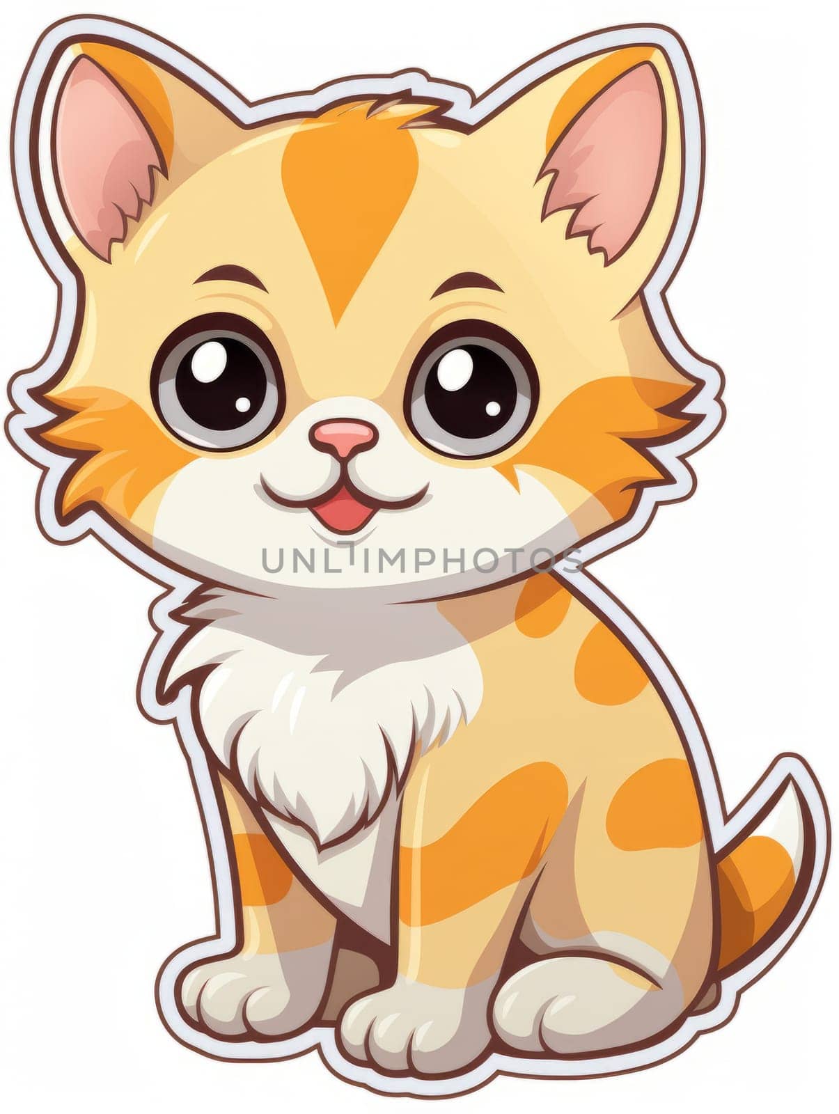 Cartoon kitten sticker. Cute drawn illustration of a cat with big eyes AI