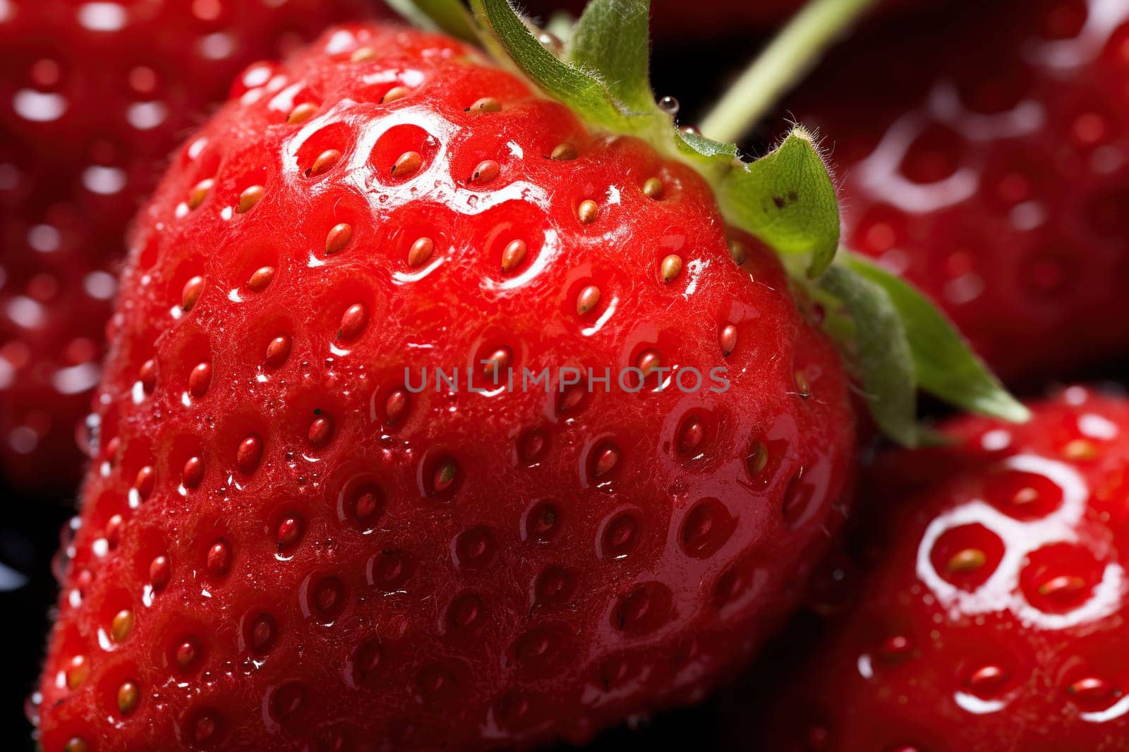 Ripe juicy strawberry close-up. Background of fresh strawberries. Generated by artificial intelligence by Vovmar