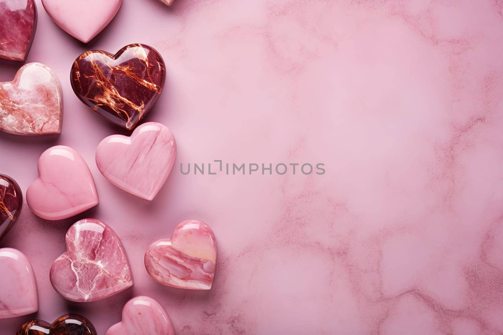 Elegant pink hearts on a marbled background, perfect for Valentine's Day, weddings, or romantic themes. Backdrop with empty, copy space for text. Greeting card design. Generative AI