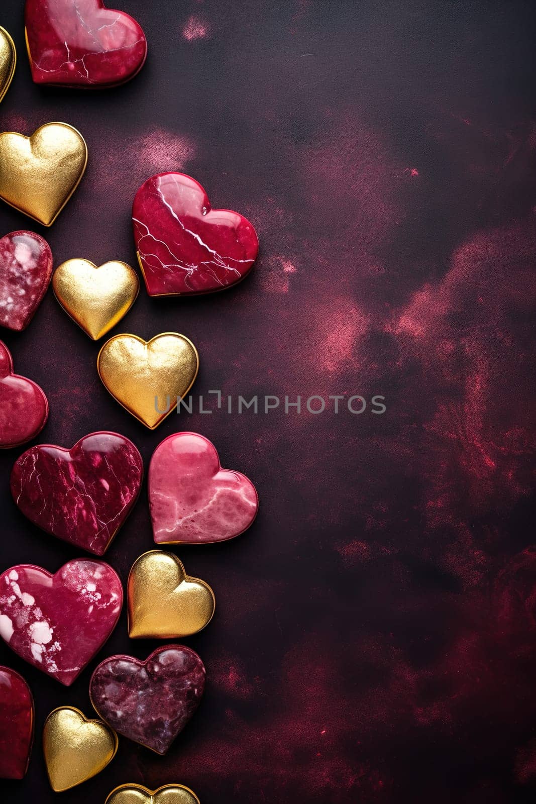 Hearts in shades of pink and marble with golden accents on a dark, romantic background, ideal for Valentine's Day, love-themed events, or elegant product displays with touch of luxury. Generative AI. by creativebird