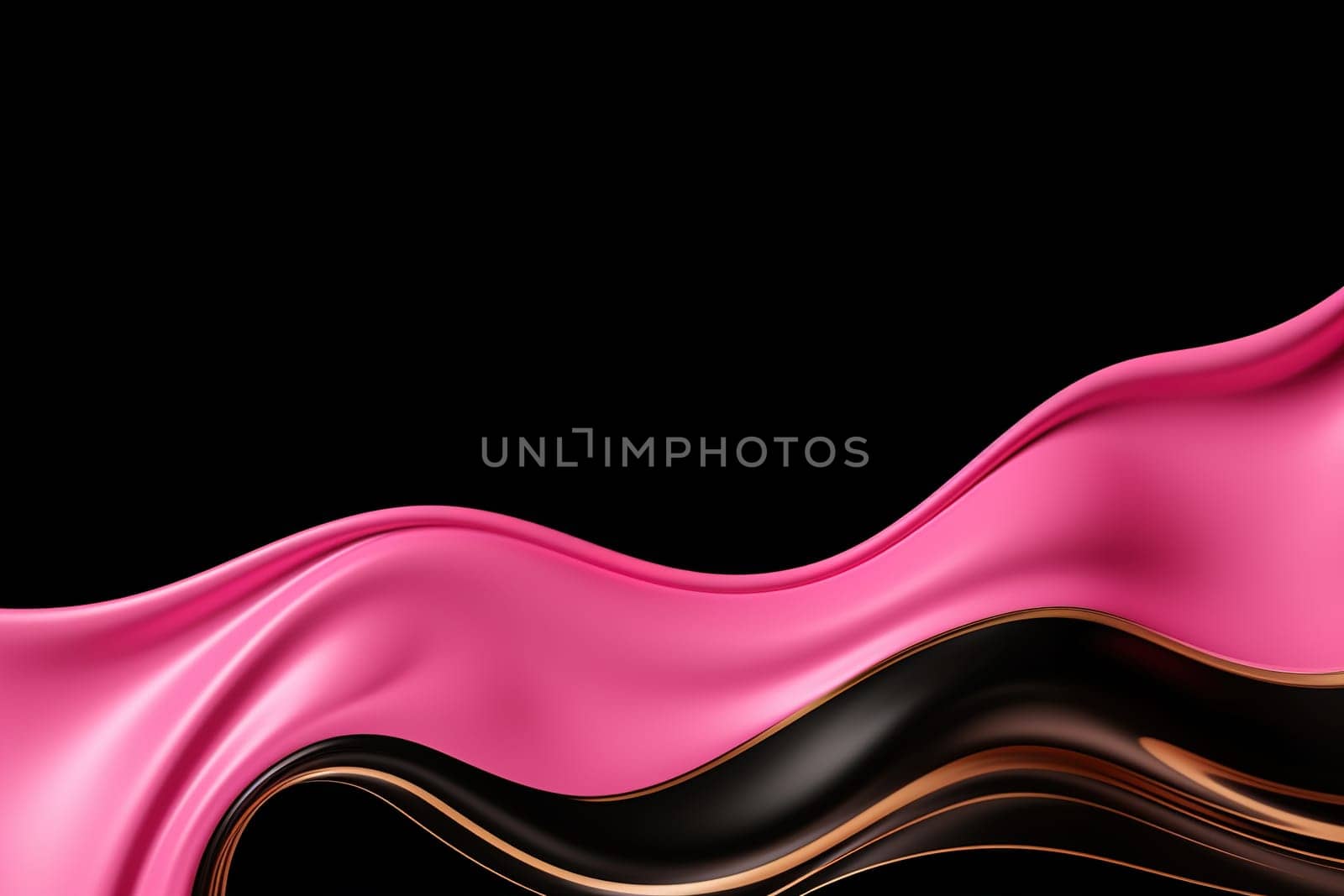 Pink, black and gold curves on a black background, a fusion of elegance and luxury, suitable for exclusive brand presentations, artistic compositions. Empty, copy space. Generative AI
