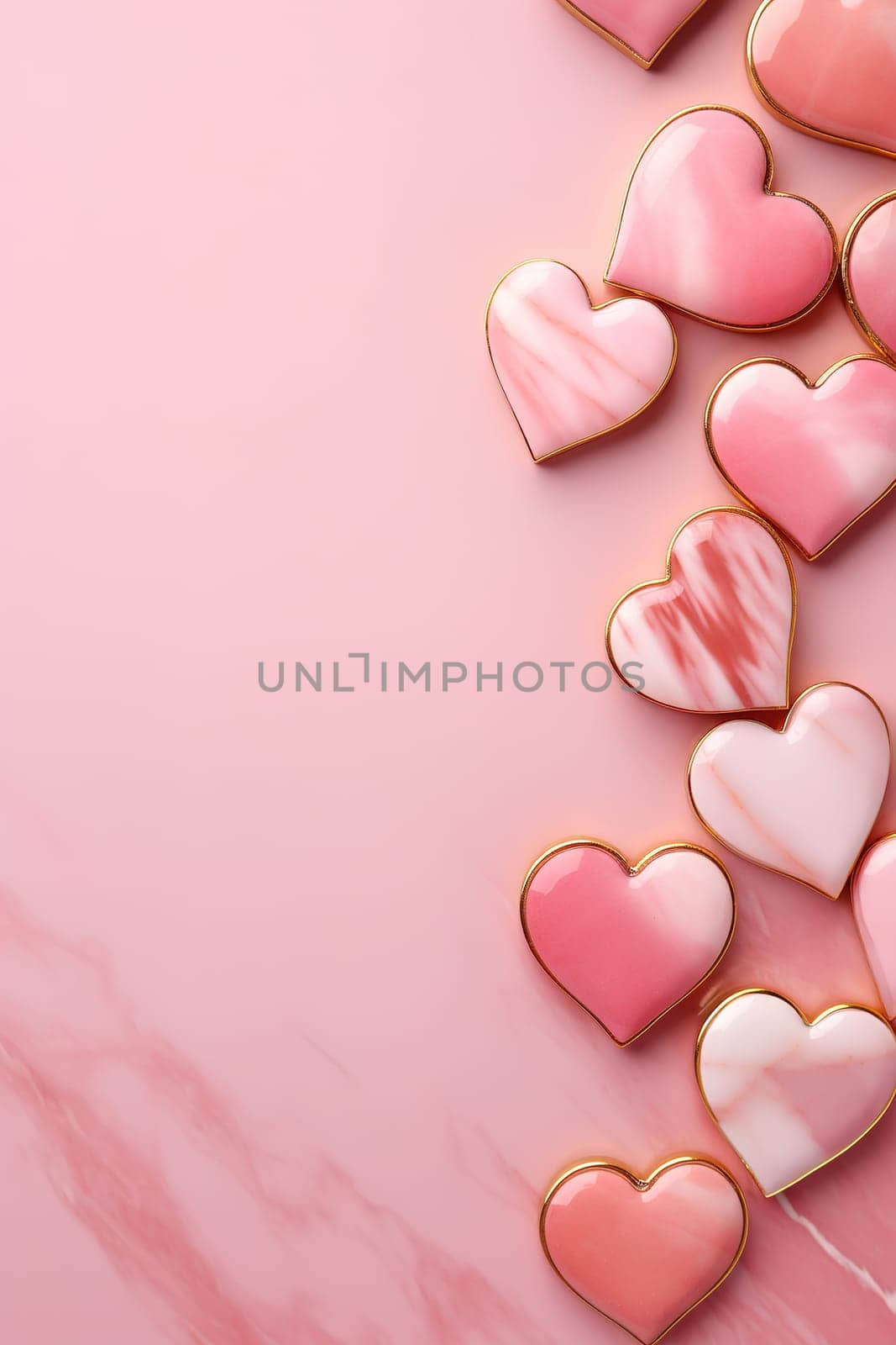 Elegant pink and golden hearts on a marbled background, perfect for Valentine's Day, weddings, or romantic themes. Vertical backdrop with copy space for text. Generative AI