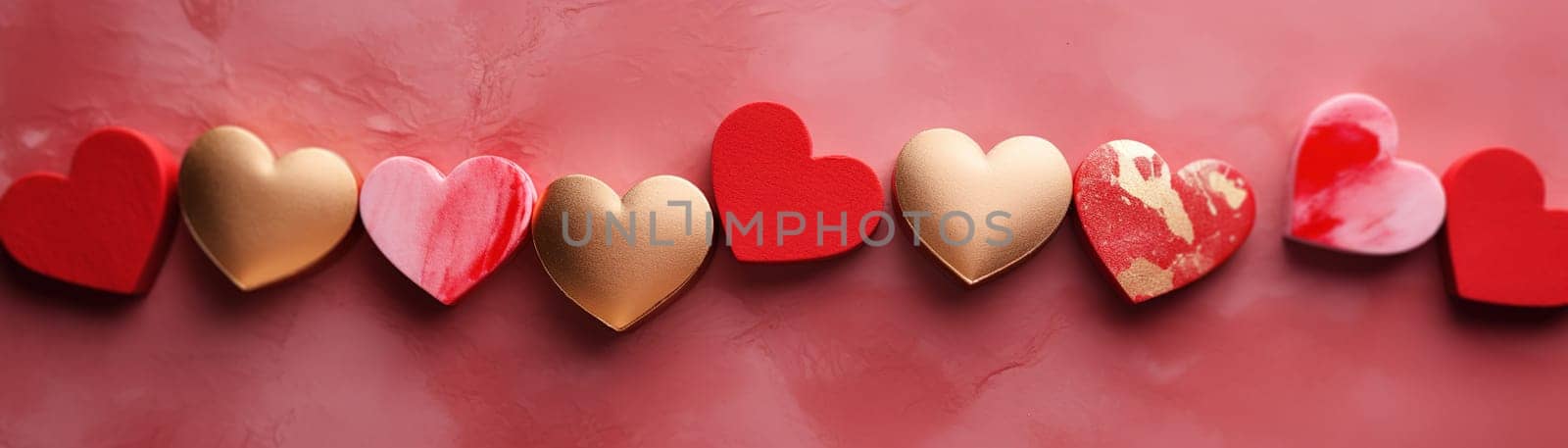 Row of assorted hearts in red and gold tones, with textured and marbled finishes, arranged on a crimson marbled background, symbolizing a spectrum of love and luxury. Valentine's Day. Generative AI