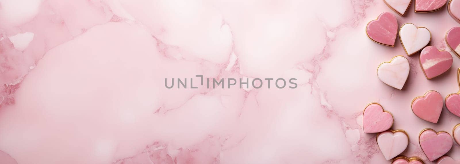 Elegant pink hearts on a marbled background, perfect for Valentine's Day, weddings, or romantic themes. Backdrop with empty, copy space for text. Banner, panoramic picture. Generative AI