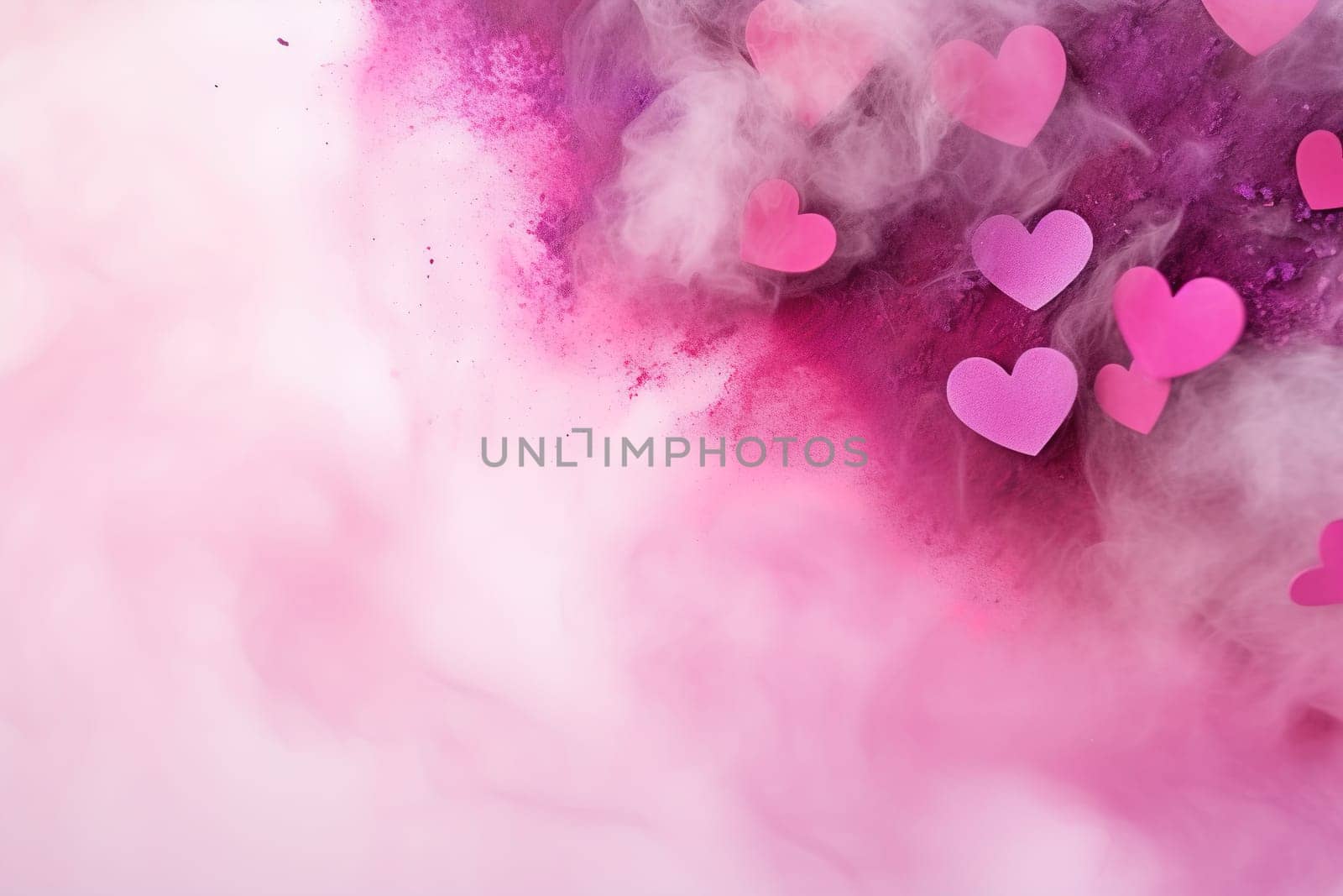 Vibrant Valentine's Day background with smoke and hearts. Empty, copy space for text. Pink, magenta colors. Greeting card design. Generative AI. by creativebird