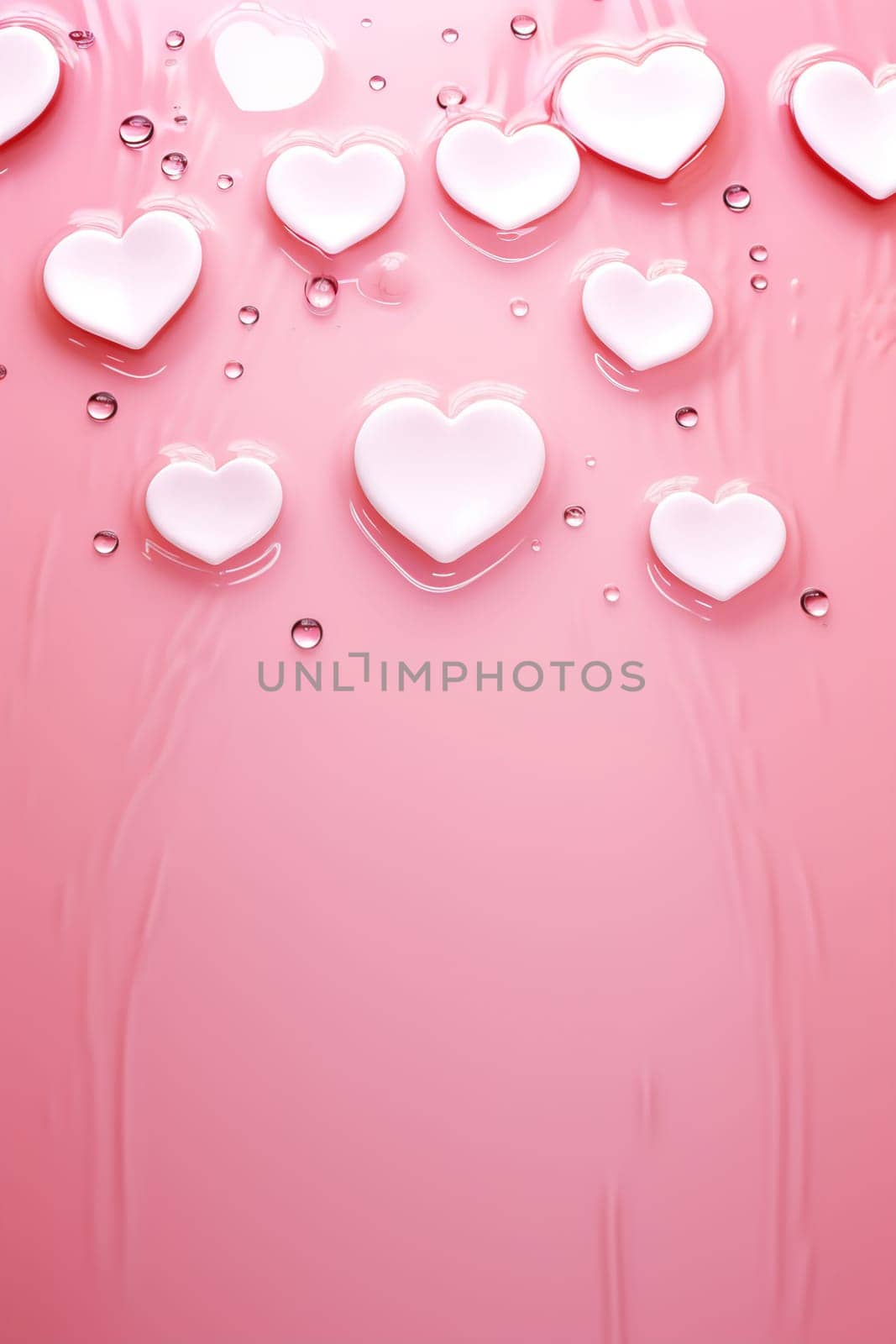 White hearts floating on a glossy pink liquid background, embodying purity, romance, and Valentine's celebrations. Vertical backdrop with copy space for text. Generative AI. by creativebird
