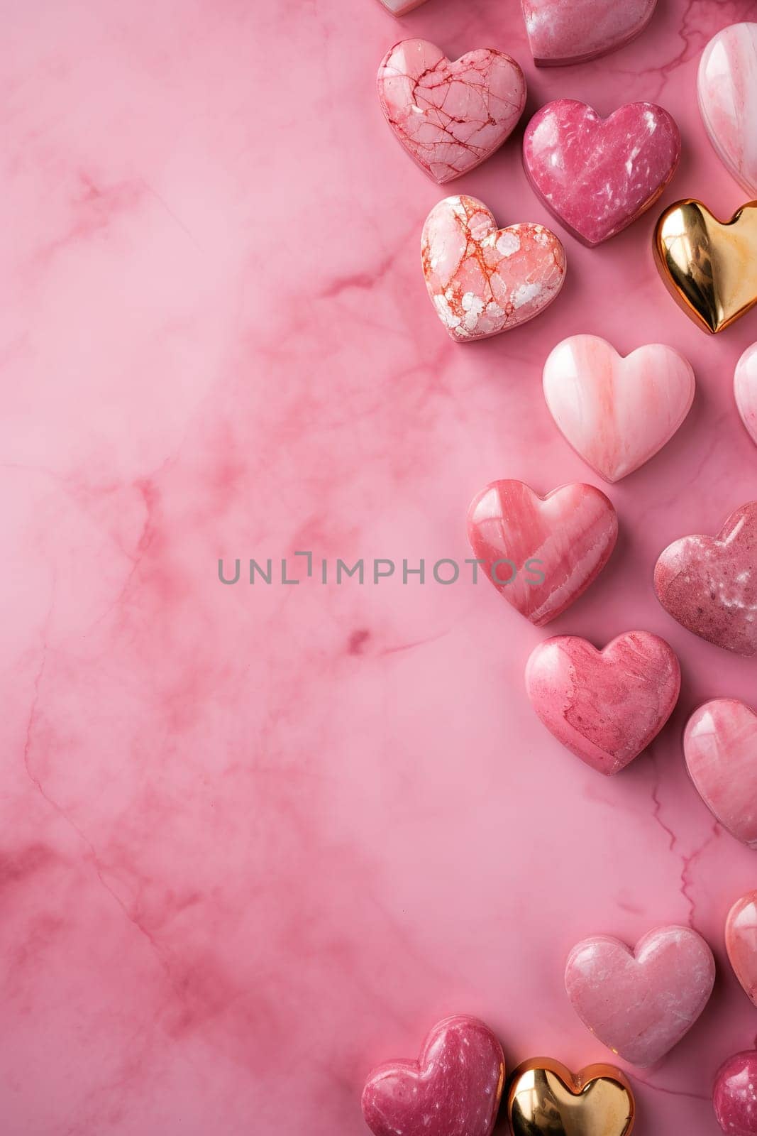 Elegant pink and golden hearts on a marbled background, perfect for Valentine's Day, weddings, or romantic themes. Vertical backdrop with copy space for text. Generative AI. by creativebird