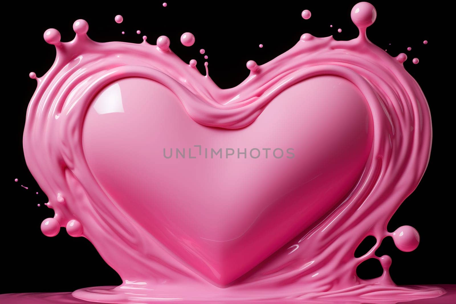 A glossy pink heart emerges from a splash of liquid on a dark background, symbolizing love with a vibrant, modern twist. Perfect for romantic designs. Valentines Day. Generative AI