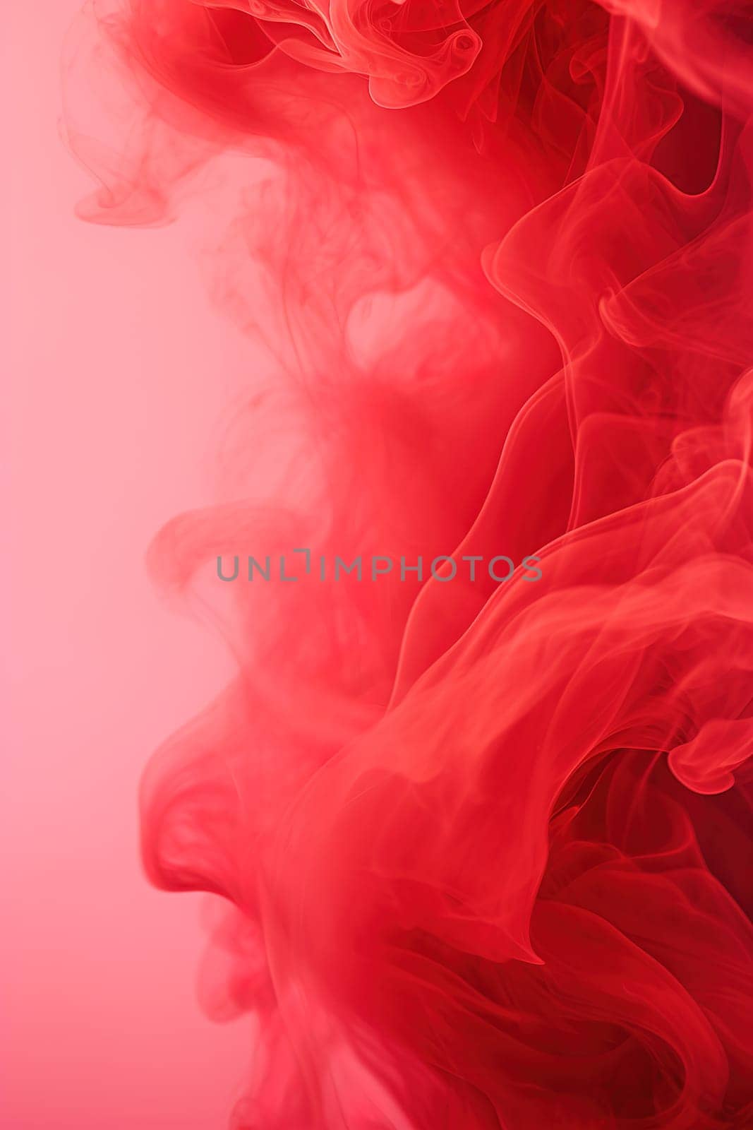 Red smoke swirls against a pink background, forming an abstract, dreamy atmosphere suitable for creative projects, events, or as an evocative backdrop. Vertical picture. Generative AI. by creativebird