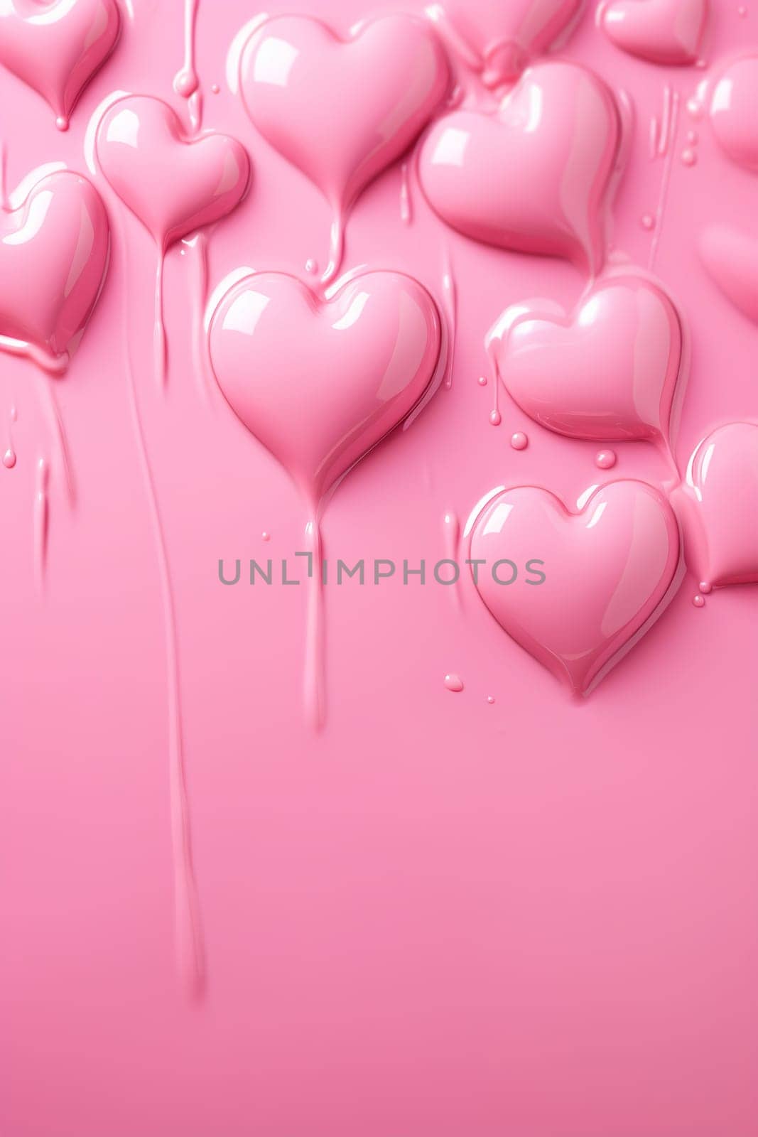 Glossy pink hearts with dripping paint effect on a soft pink background, perfect for love-themed designs and Valentine's Day promotions. Vertical backdrop with copy space for text. Generative AI