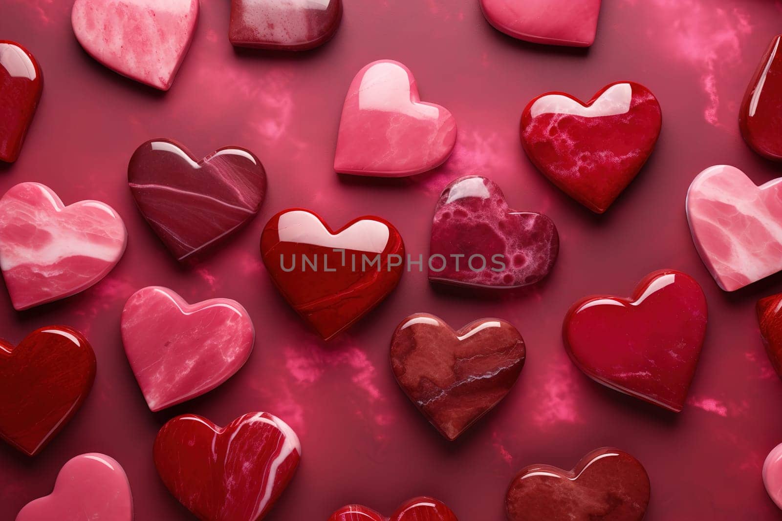 Assorted red and pink marble-textured hearts with lustrous finishes on a vibrant backdrop, perfect for love themes. Valentine's Day. Generative AI. by creativebird