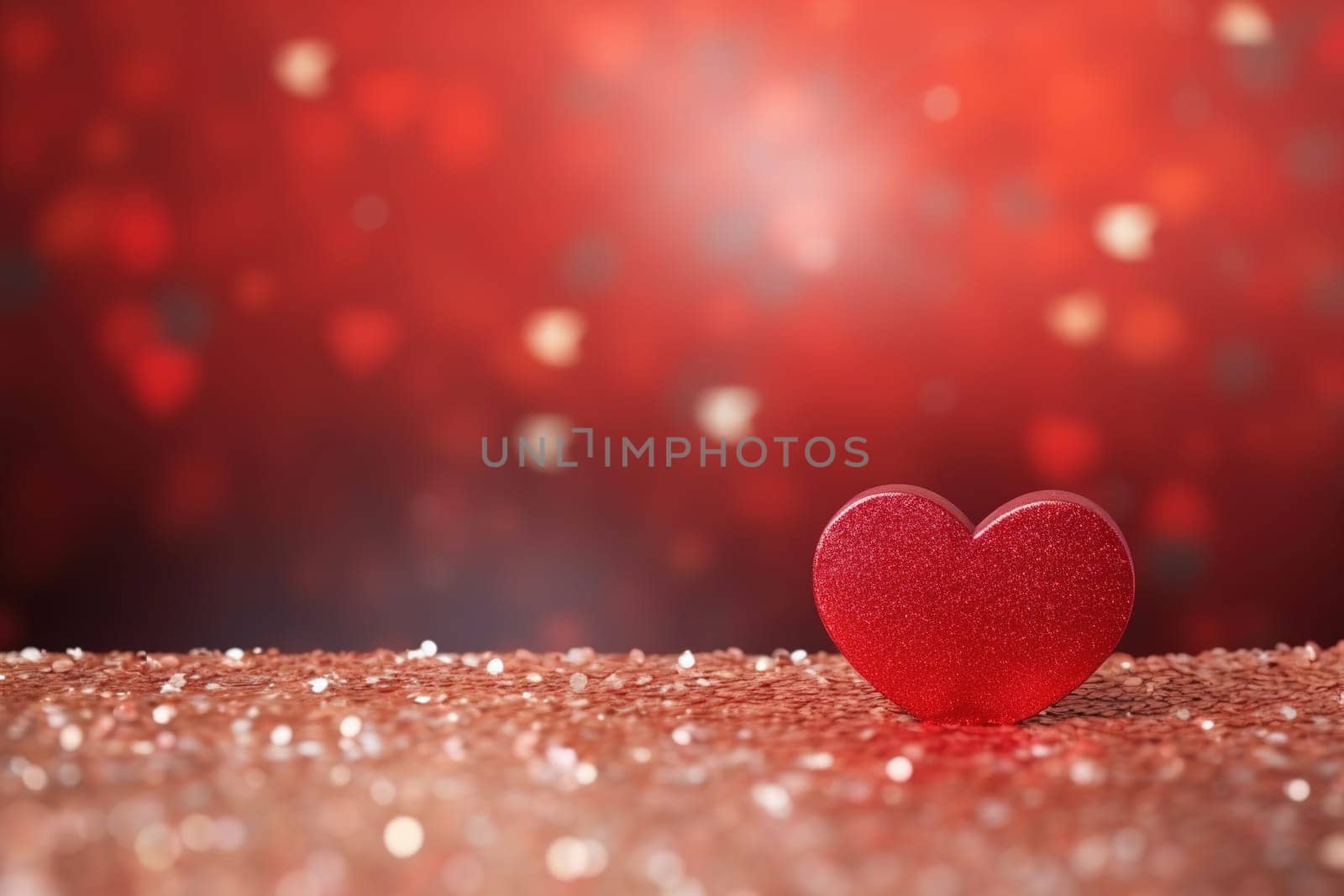 Glittering red heart against dreamy backdrop with beautiful bokeh lights. Shining Valentine's Day background with empty, copy space for text. Particles, confetti. Greeting card design. Generative AI. by creativebird
