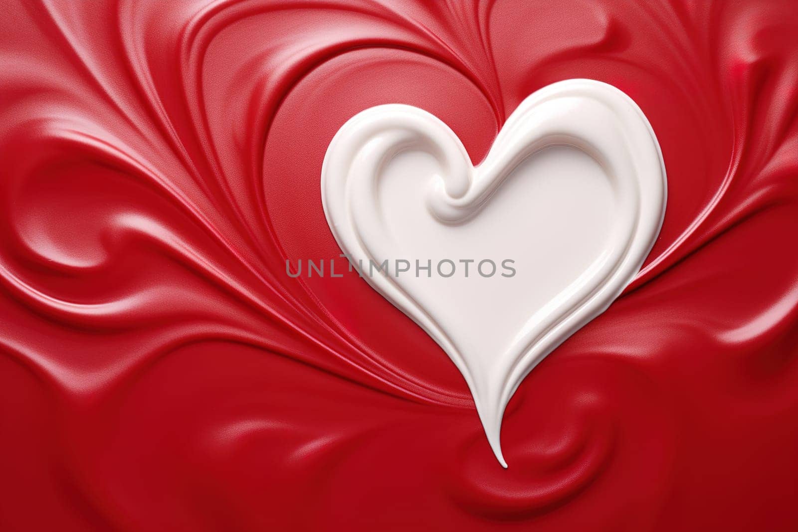 Striking red cream swirls with a central white heart, ideal for Valentine's Day promotions, romantic themes, or beauty product backdrops, offering a rich and passionate visual. Generative AI. by creativebird