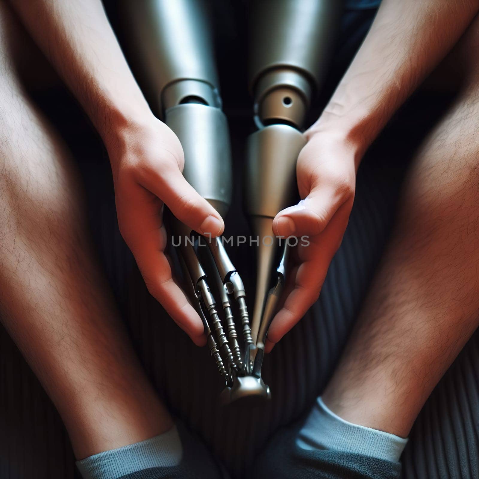 Illustration on the topic Disabled people and modern prosthetics of arms and legs. Generative AI. High quality illustration