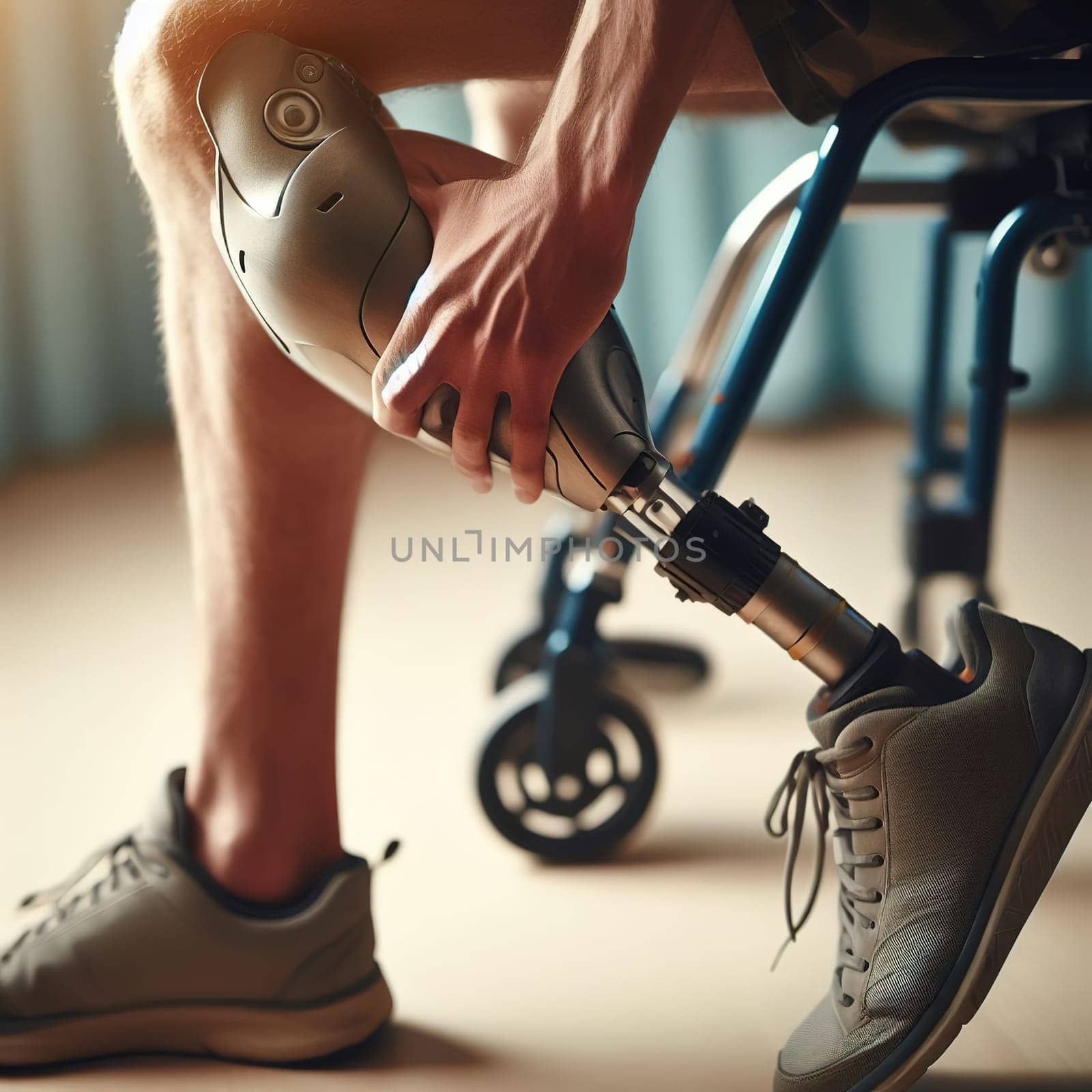 Illustration on the topic Disabled people and modern prosthetics of arms and legs. Generative AI. High quality illustration