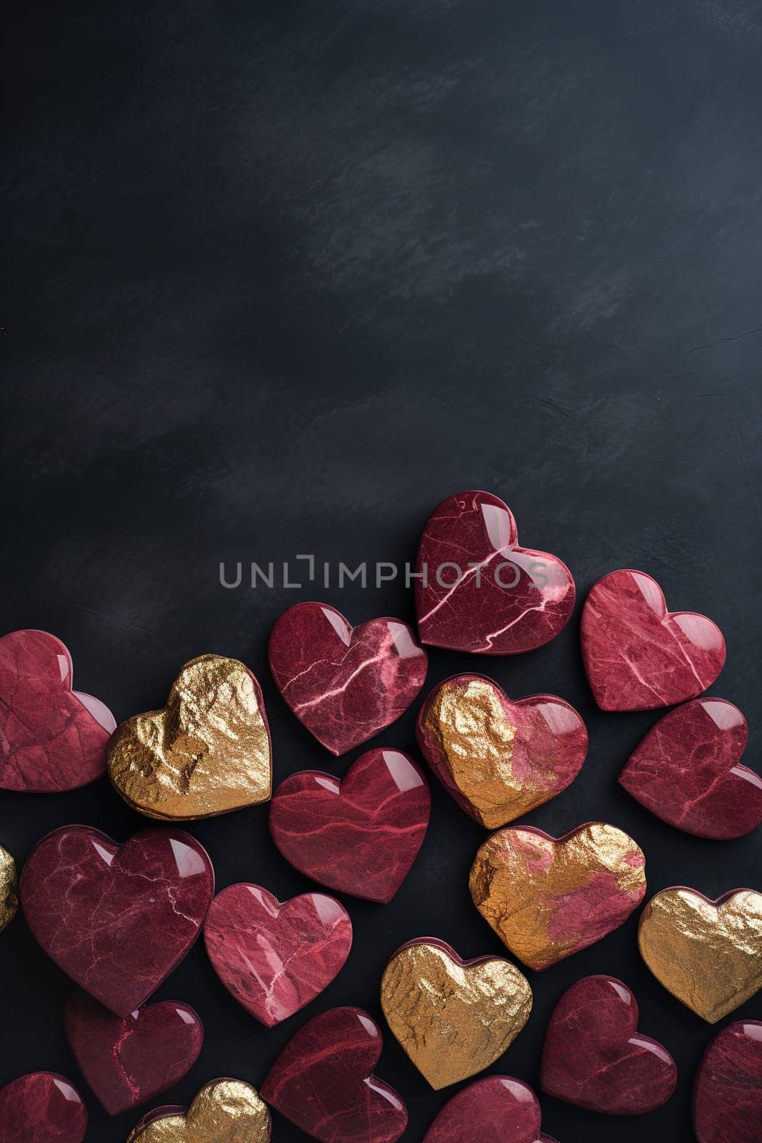 Hearts in shades of red and marble with golden accents on a dark, romantic background, ideal for Valentine's Day, love-themed events, or elegant product displays with touch of luxury. Generative AI. by creativebird