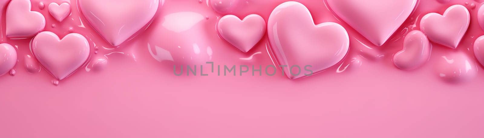 Panoramic pink background adorned with glossy, three-dimensional hearts with liquid texture, perfect for festive, romantic, or Valentine's themed design projects. Banner, copy space. Generative AI