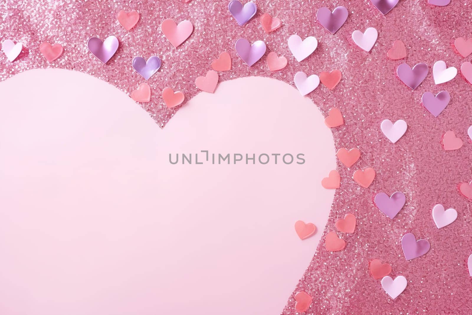 A romantic pink heart-shaped cutout surrounded by a sea of glittering and matte hearts in shades of pink and purple, with ample copy space for messages of love. Greeting card design. Generative AI. by creativebird