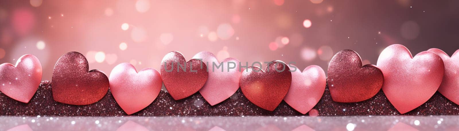 A row of shimmering hearts in shades of pink and red against a glittery backdrop with soft bokeh lights, creating a romantic atmosphere with space for text. Valentine's Day banner. Generative AI