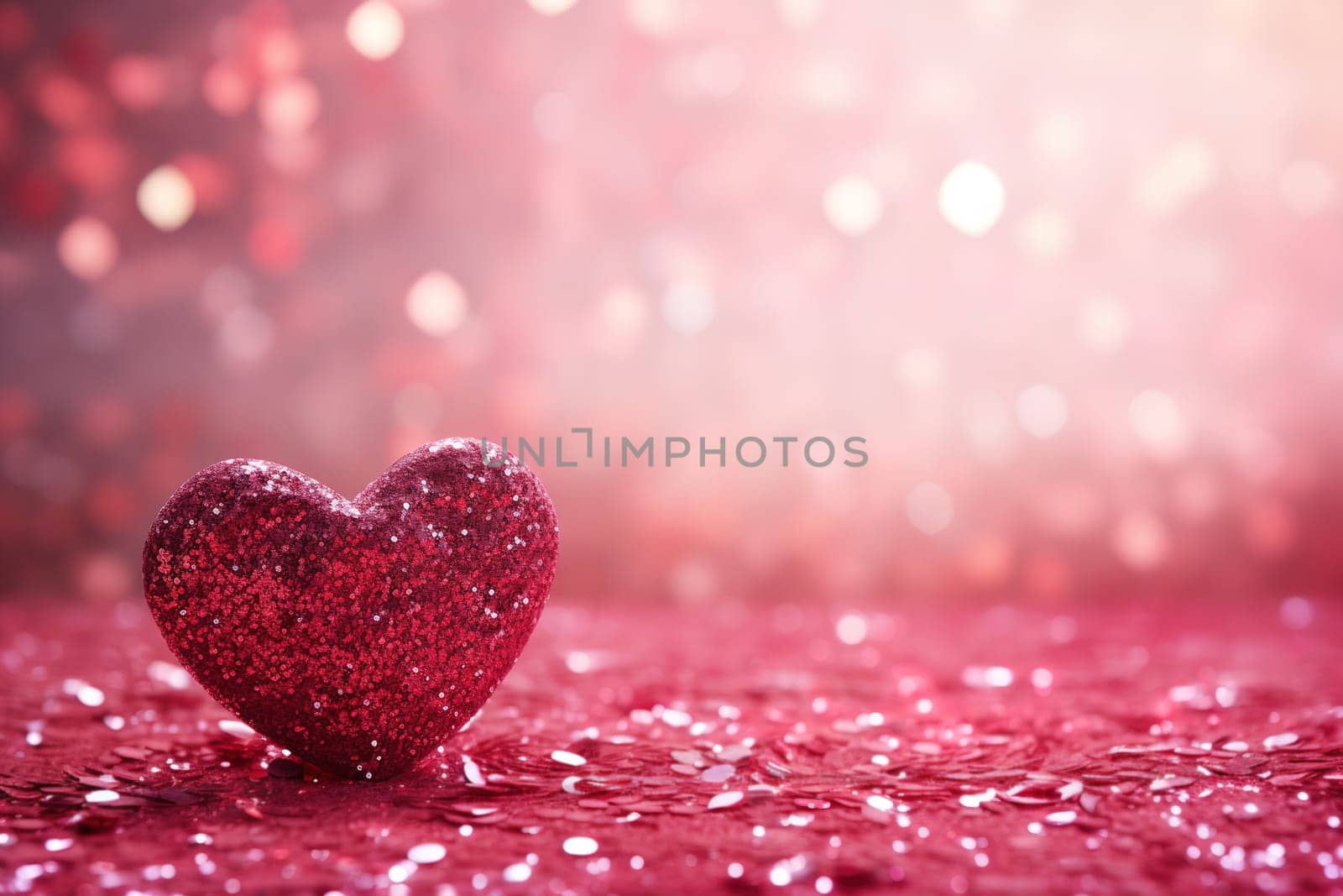 Glittering pink heart against dreamy backdrop with beautiful bokeh lights. Shining Valentine's Day background with empty, copy space for text. Particles, confetti. Greeting card design. Generative AI. by creativebird