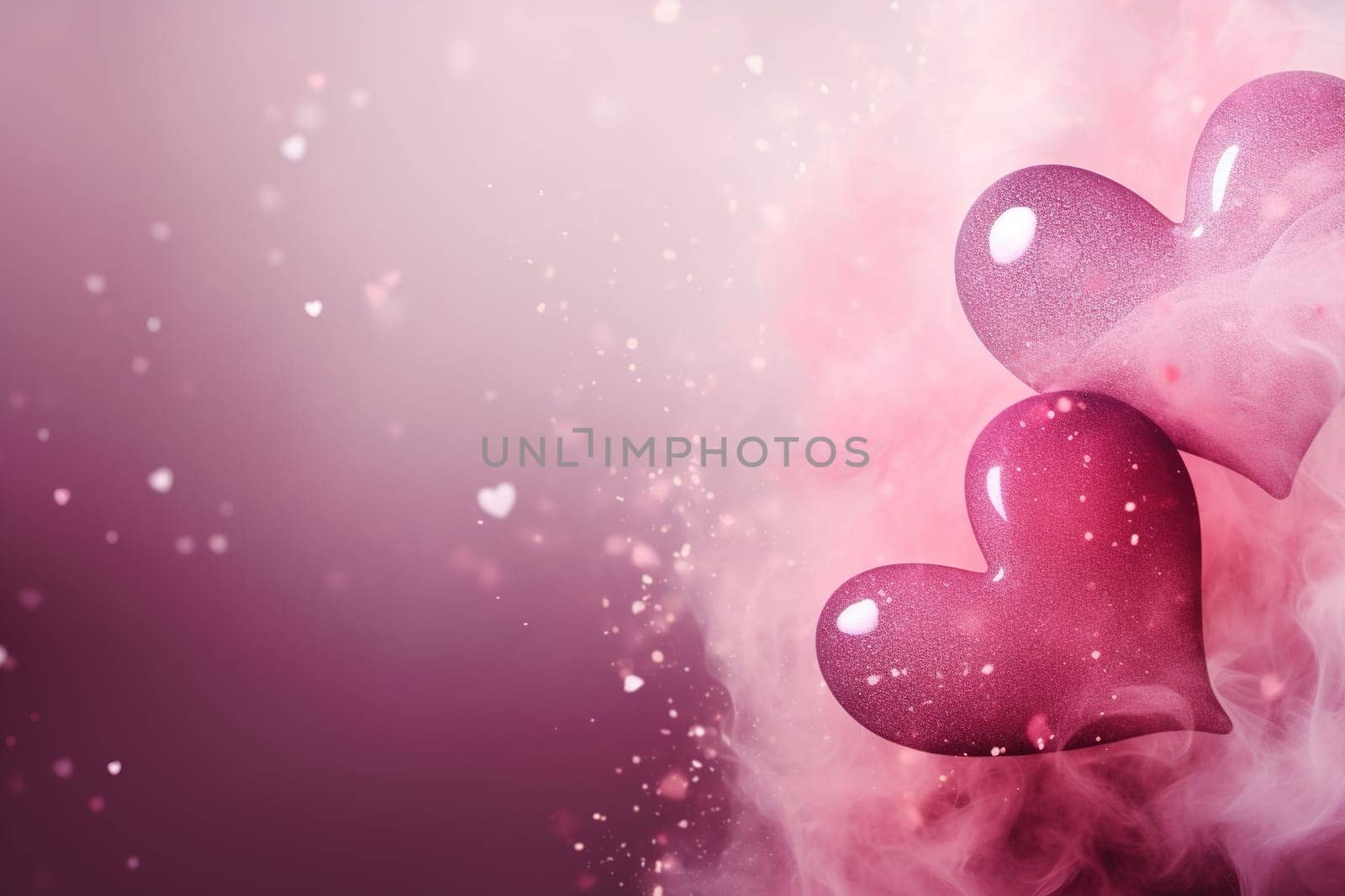 Valentine's Day background with two hearts and smoke. Empty, copy space for text. Greeting card design. Generative AI