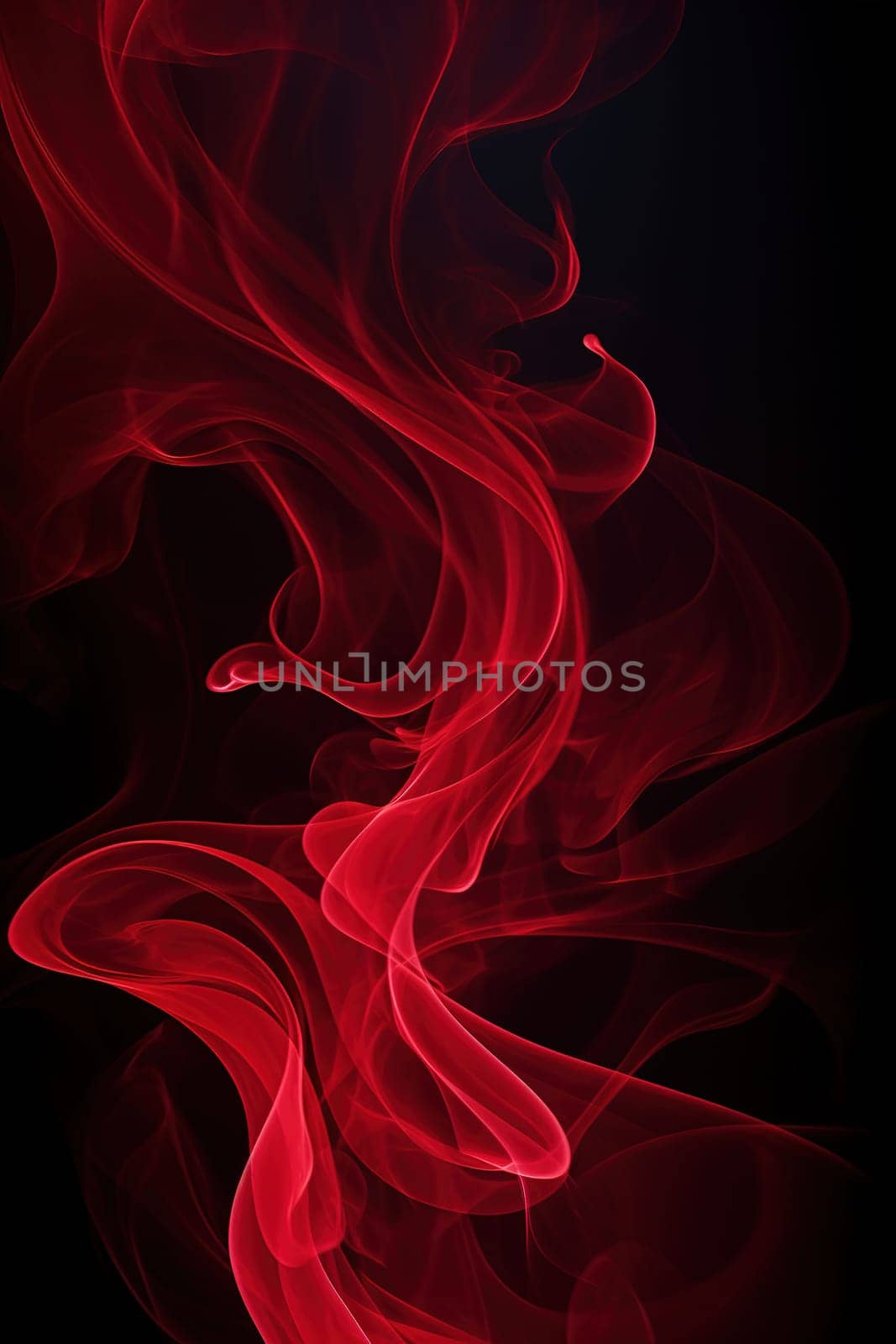 Red smoke swirls against a black background, forming an abstract, dreamy atmosphere suitable for creative projects, events, or as an evocative backdrop. Vertical picture. Generative AI