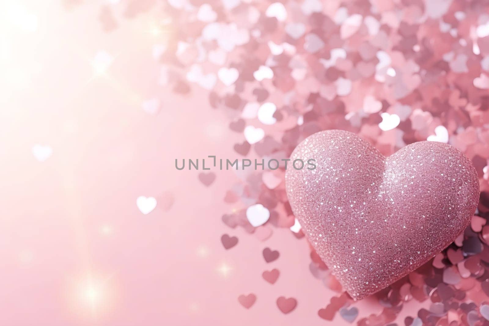 A glittering pink heart against a dreamy backdrop of soft focus hearts and light bursts, offering copy space for heartfelt messages and Valentine's wishes. Greeting card design. Generative AI