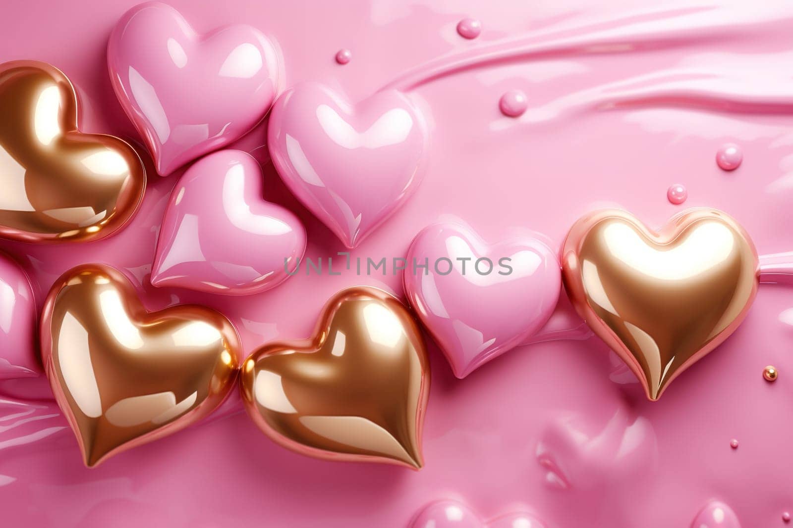 Lustrous golden hearts amid glossy pink ones on fluid background, symbolizing luxury, love, perfect for Valentine's Day campaigns, romantic decor, or elegant beauty product packaging. Generative AI