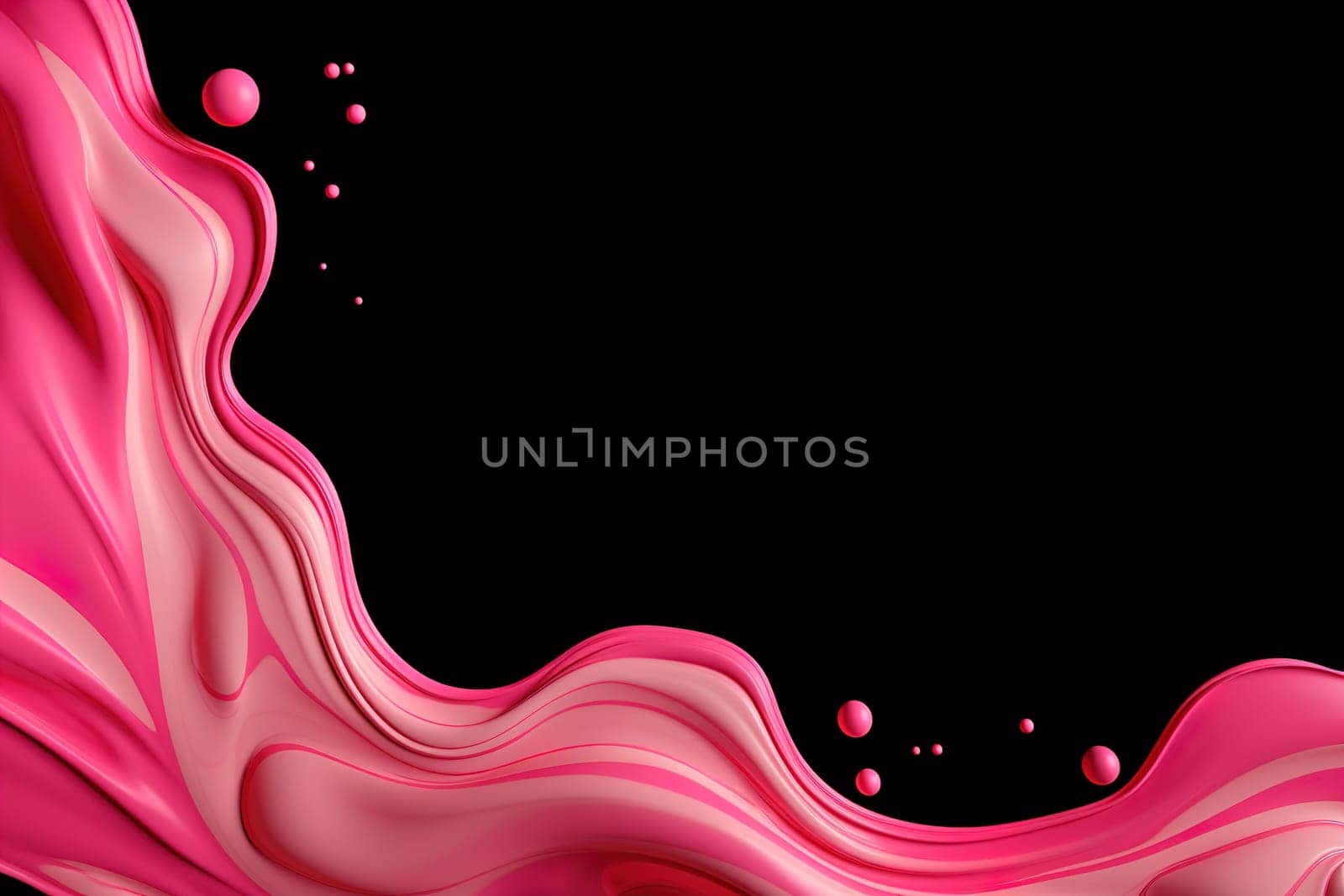 Vivid pink liquid flows on a black background, perfect for energetic and youthful design themes, cosmetic advertising, or as a vibrant abstract element for creative visuals. Copy space. Generative AI