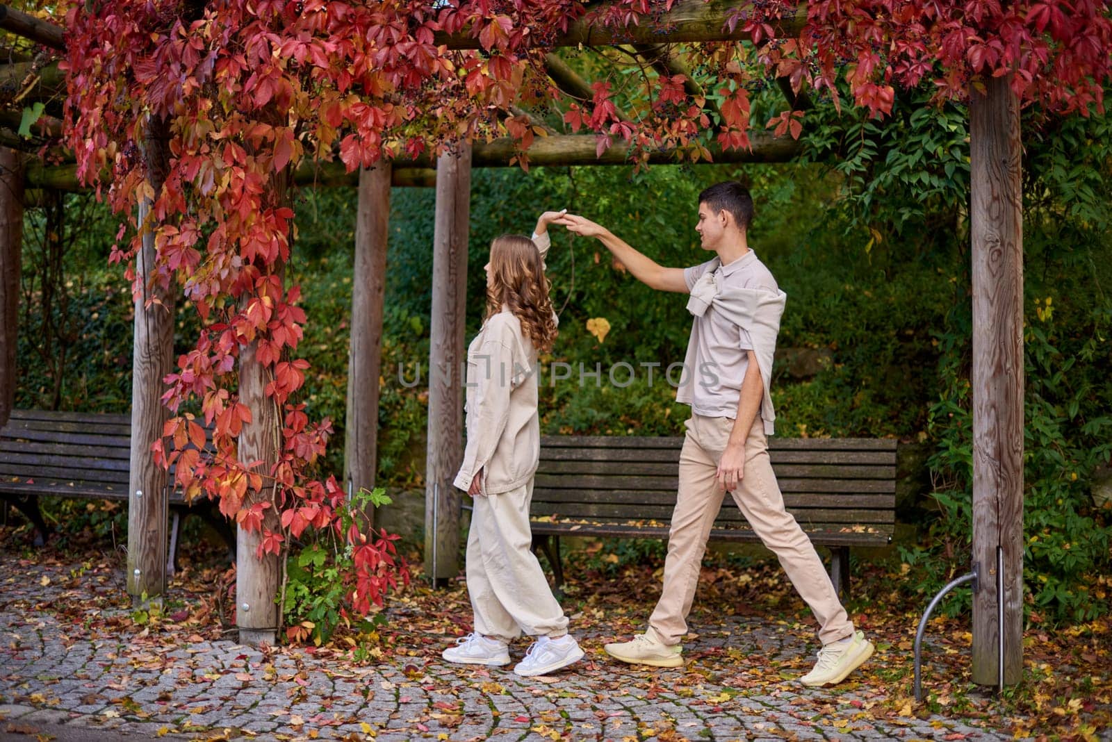 Warm Embrace of Teen Love in the Autumn Park. Capturing Teen Moments: Love Blossoms in Autumn's Embrace. Teenagers in Love: Embracing the Autumn Vibe by Andrii_Ko