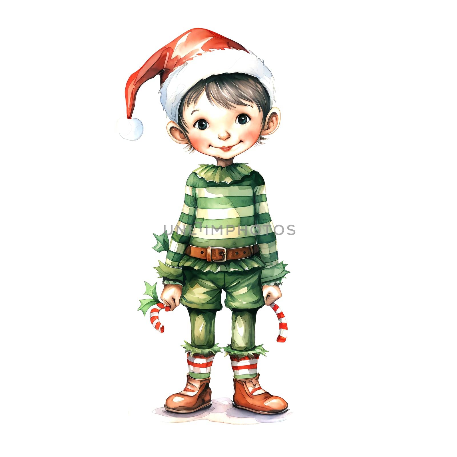 Watercolor Christmas Elf Clipart is a great choice for creating cards, invitations, party supplies and decorations. AI generated.