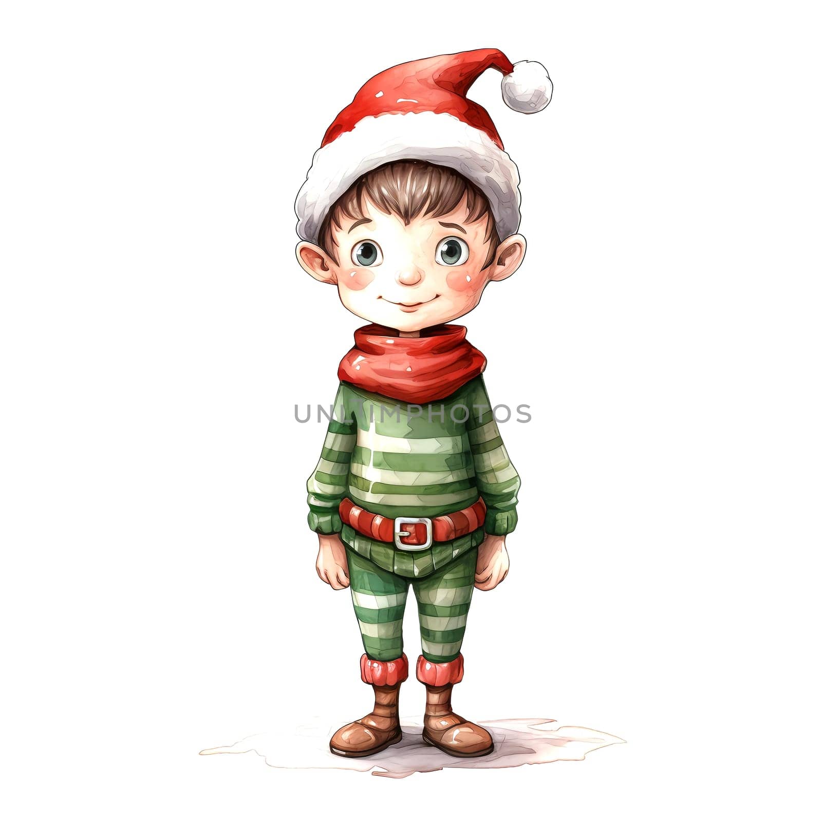 Watercolor Christmas Elf Clipart is a great choice for creating cards, invitations, party supplies and decorations. AI generated.