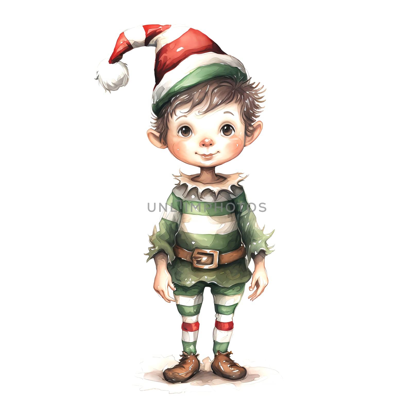 Watercolor Christmas Elf Clipart is a great choice for creating cards, invitations, party supplies and decorations. AI generated.