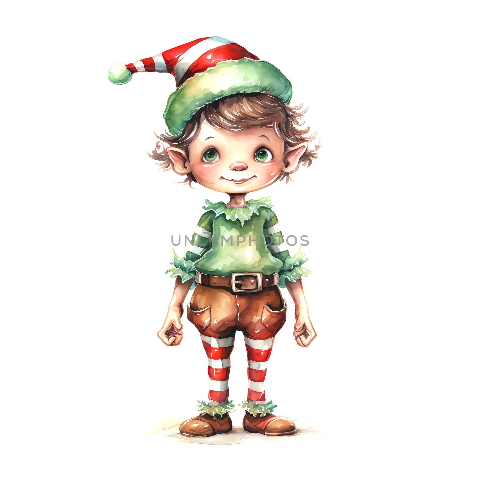 Watercolor Christmas Elf Clipart is a great choice for creating cards, invitations, party supplies and decorations. AI generated.