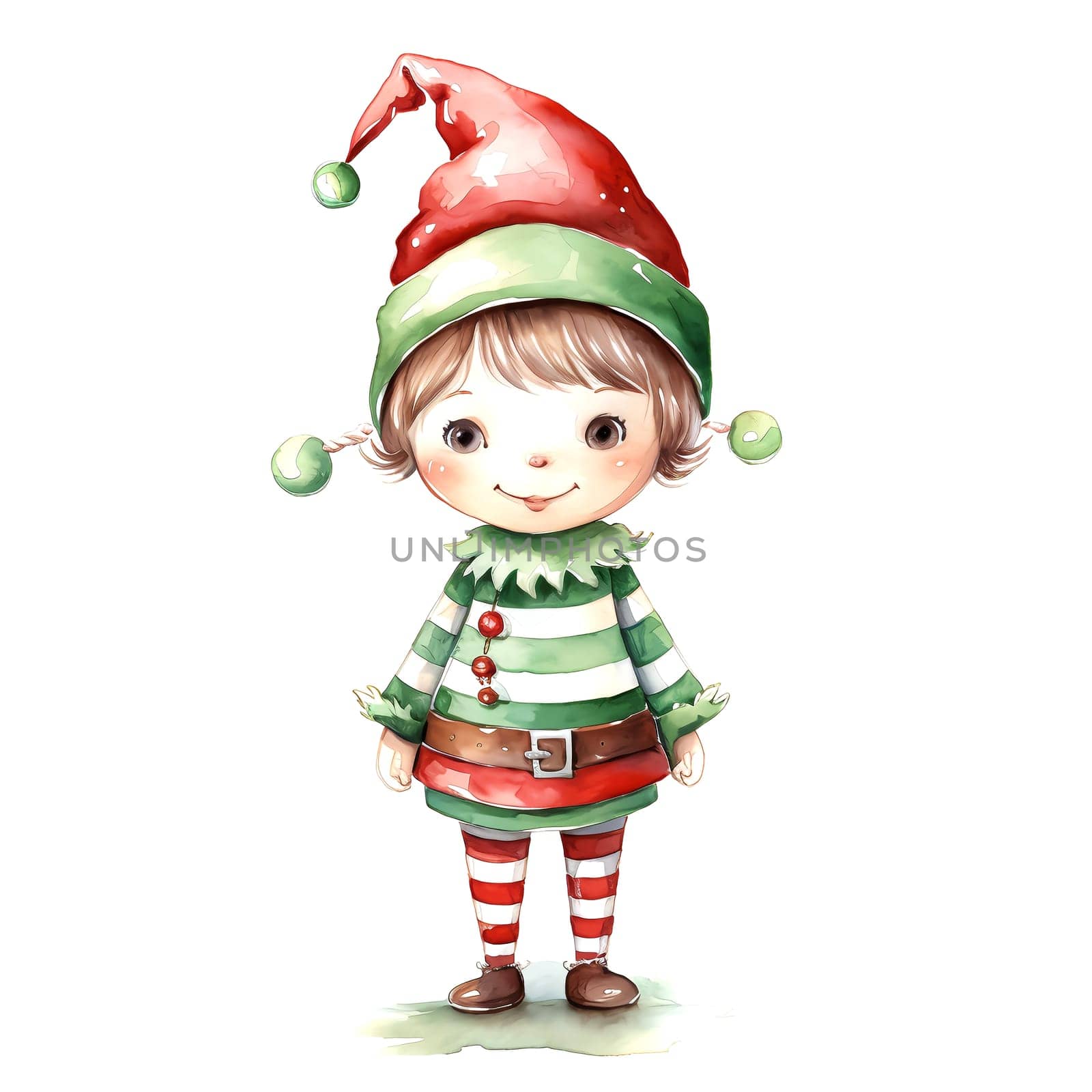 Watercolor Christmas Elf Clipart is a great choice for creating cards, invitations, party supplies and decorations. AI generated.