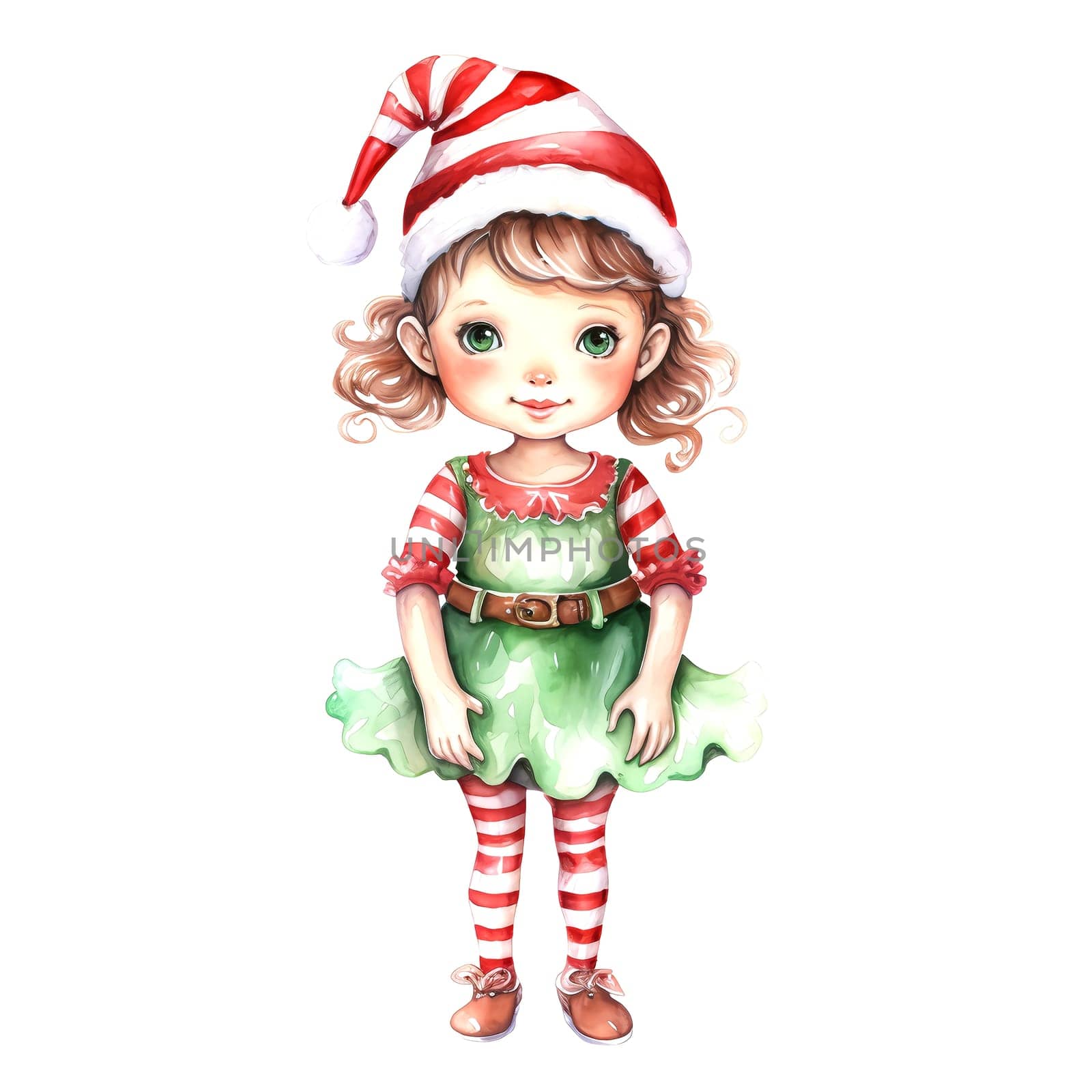 Watercolor Christmas Elf Clipart is a great choice for creating cards, invitations, party supplies and decorations. AI generated.