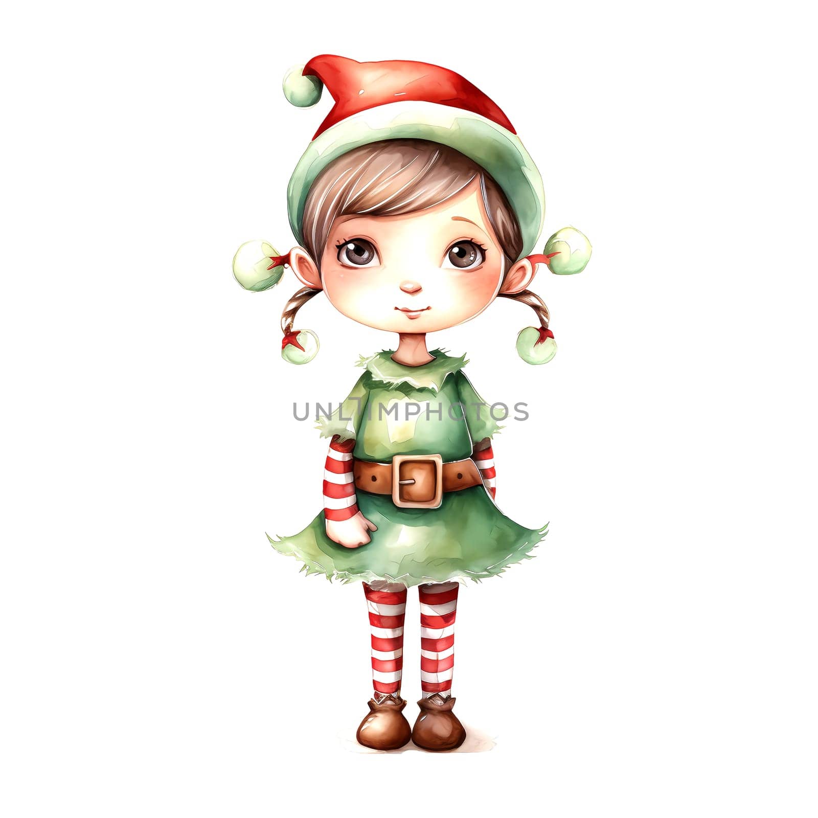 Watercolor Christmas Elf Clipart is a great choice for creating cards, invitations, party supplies and decorations. AI generated.