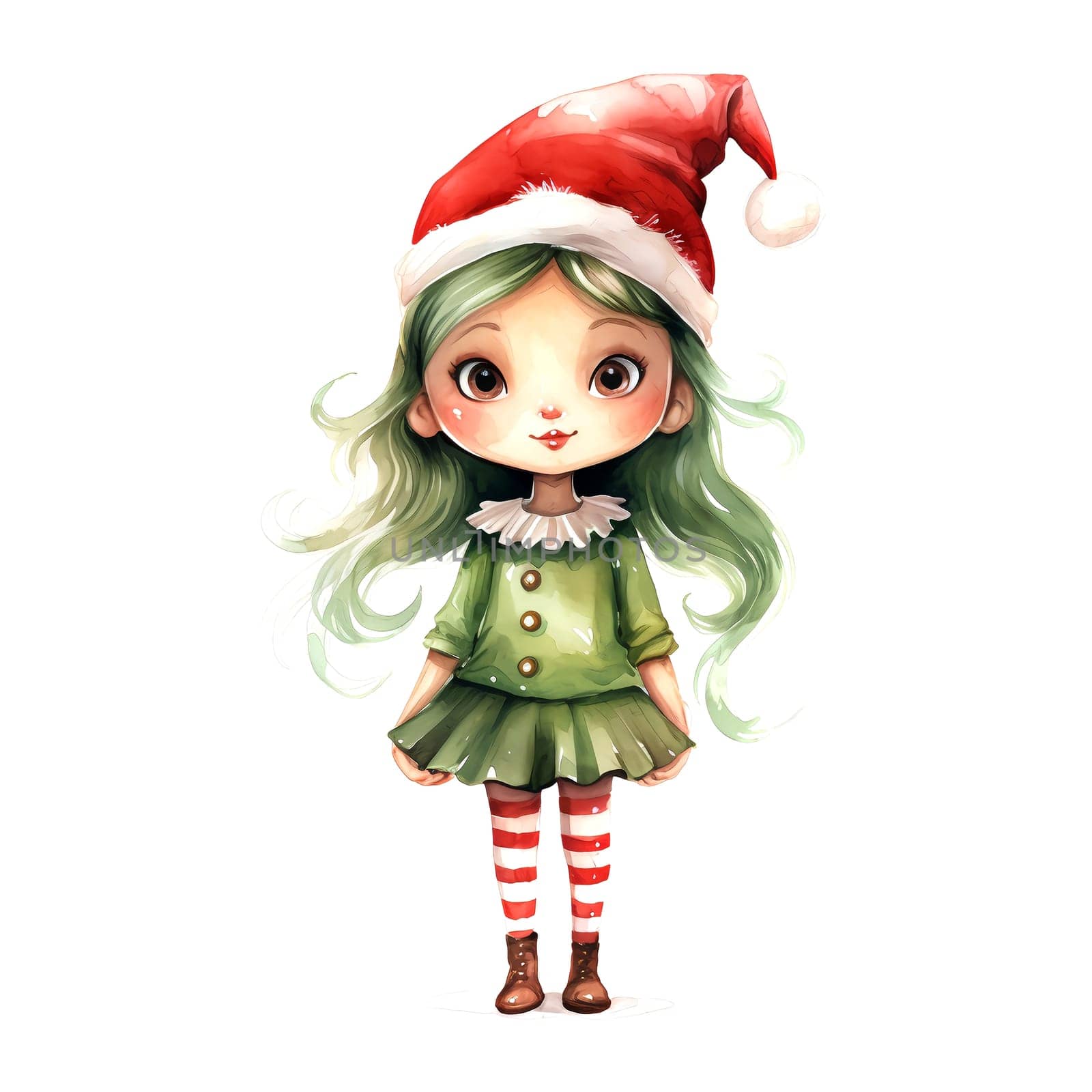 Watercolor Christmas Elf Clipart is a great choice for creating cards, invitations, party supplies and decorations. AI generated.