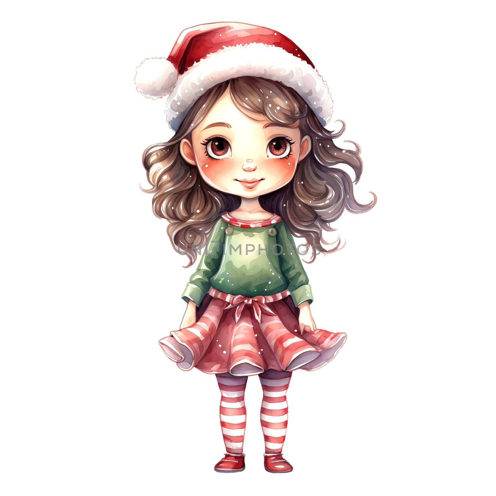 Watercolor Christmas Elf Clipart is a great choice for creating cards, invitations, party supplies and decorations. AI generated.